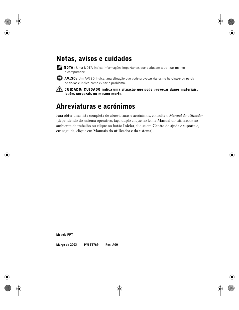 Notas, avisos e cuidados, Abreviaturas e acrónimos | Dell LATITUDE D400 User Manual | Page 128 / 178