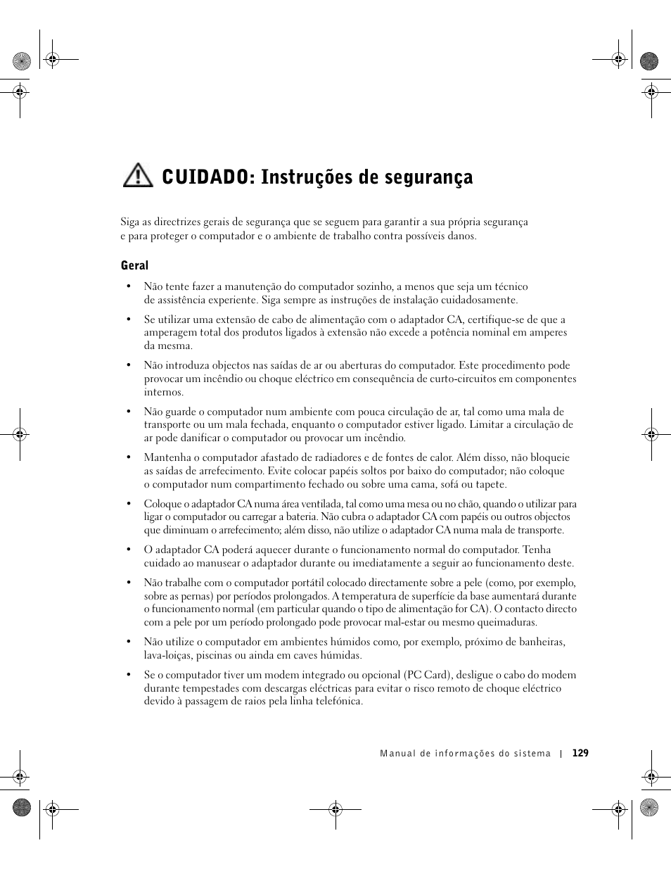 Cuidado: instruções de segurança, Geral | Dell LATITUDE D400 User Manual | Page 131 / 178