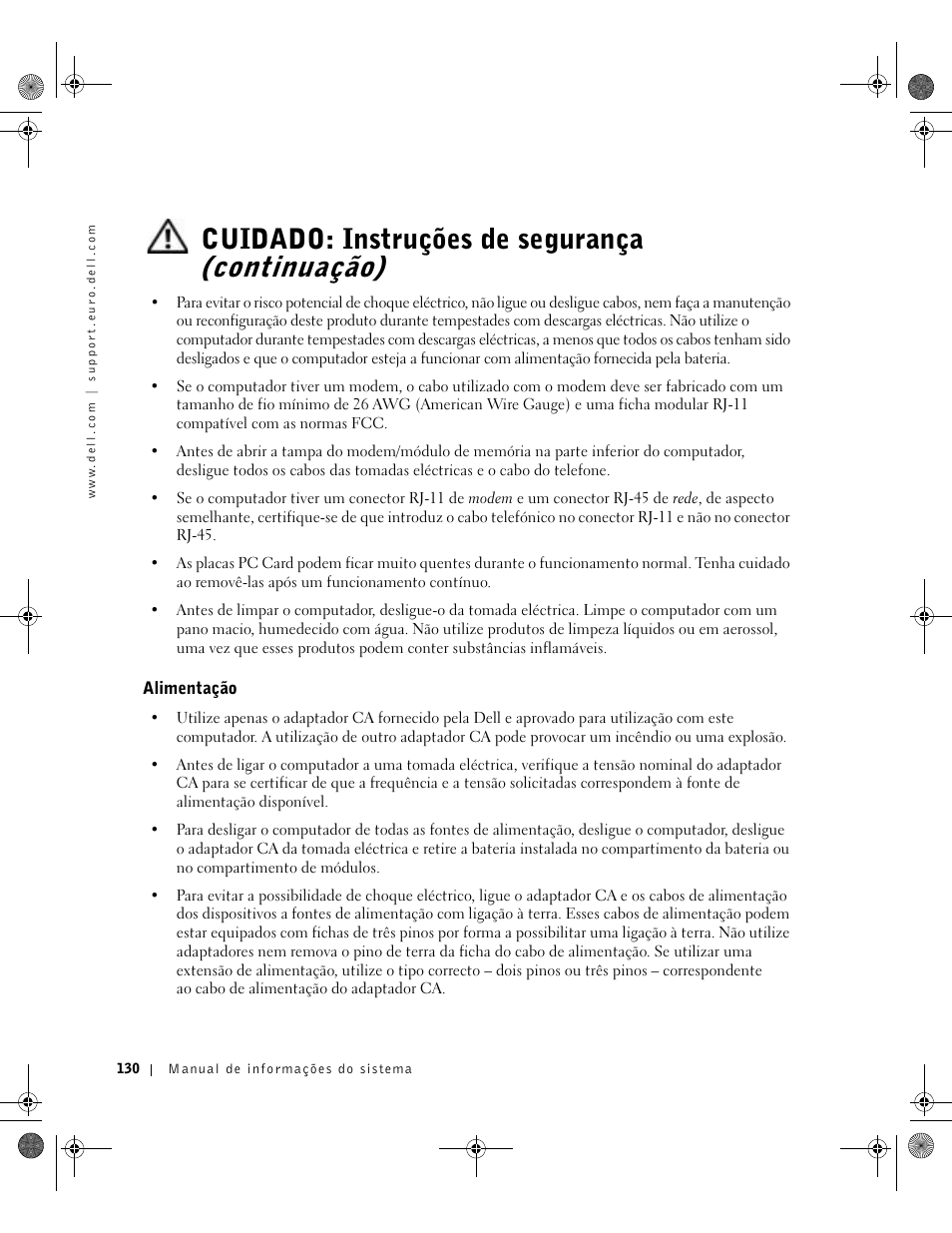 Alimentação, Cuidado: instruções de segurança (continuação) | Dell LATITUDE D400 User Manual | Page 132 / 178