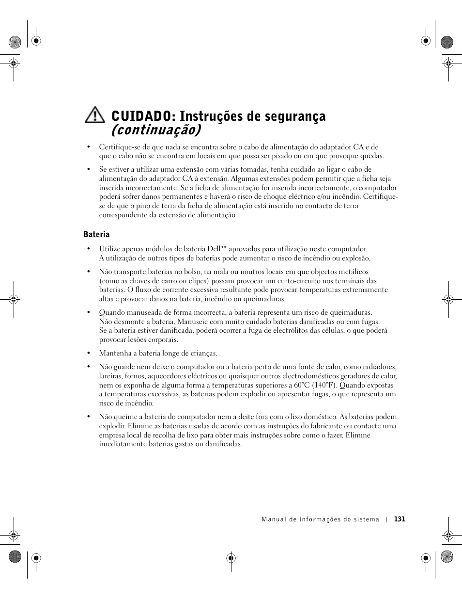 Bateria, Cuidado: instruções de segurança (continuação) | Dell LATITUDE D400 User Manual | Page 133 / 178