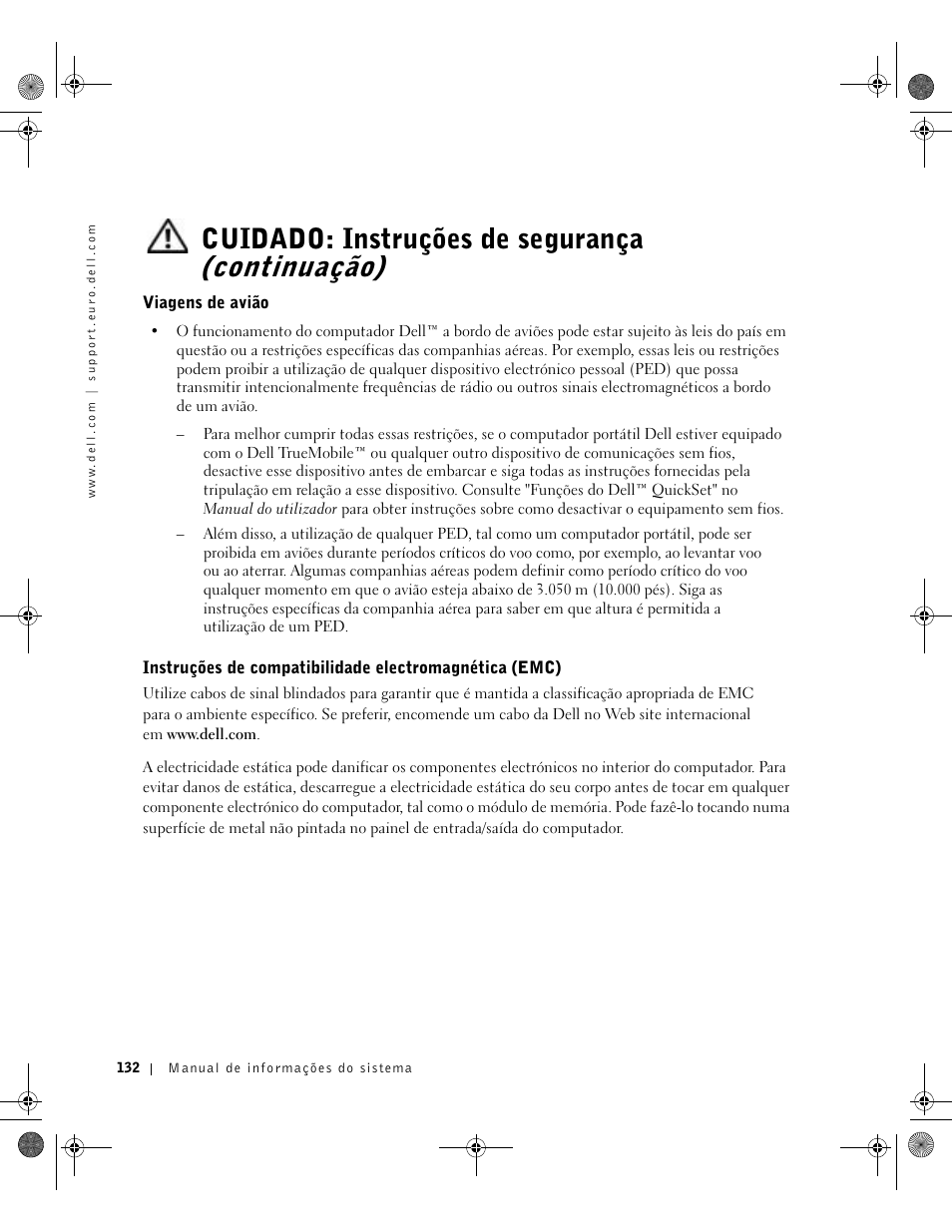 Viagens de avião, Cuidado: instruções de segurança (continuação) | Dell LATITUDE D400 User Manual | Page 134 / 178