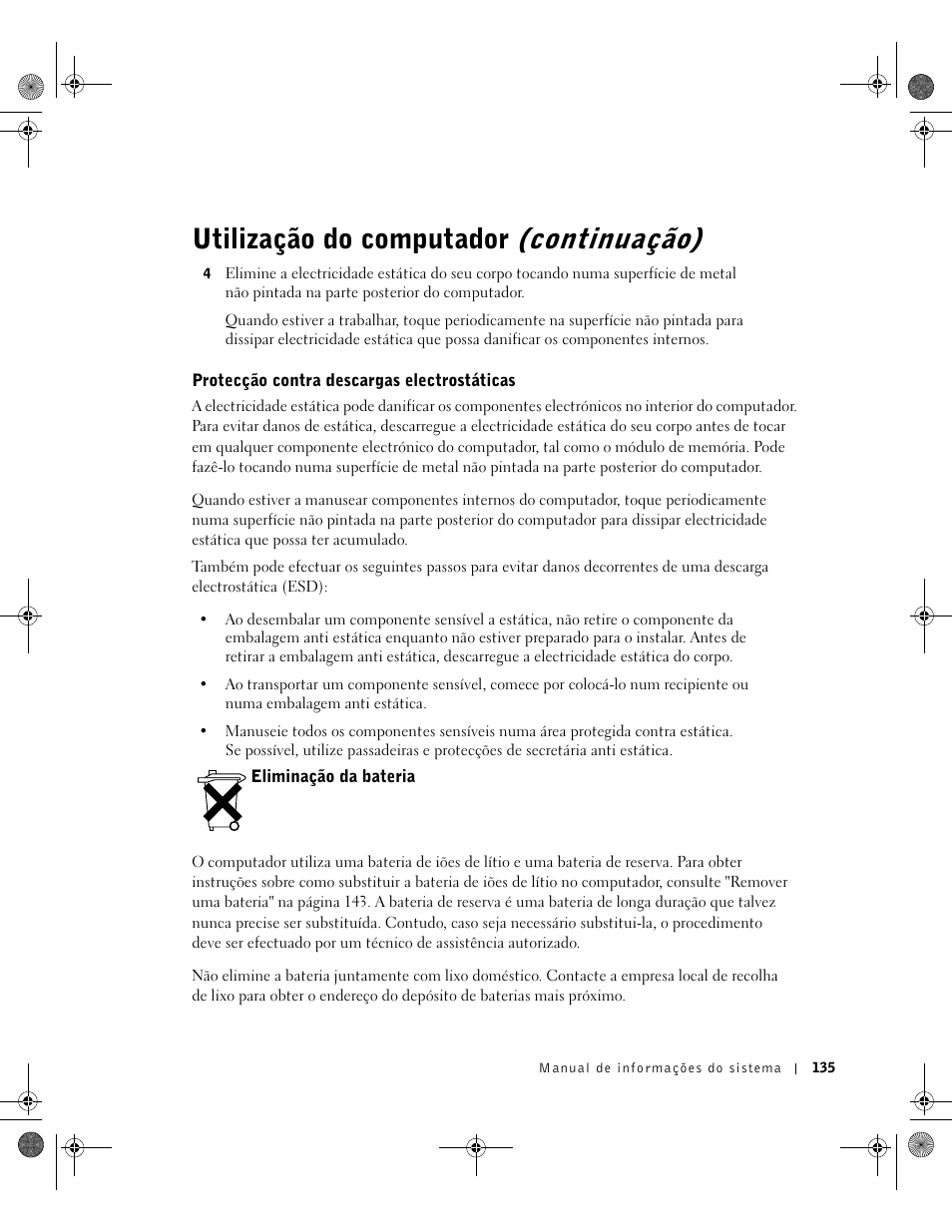 Protecção contra descargas electrostáticas, Eliminação da bateria, Utilização do computador (continuação) | Dell LATITUDE D400 User Manual | Page 137 / 178