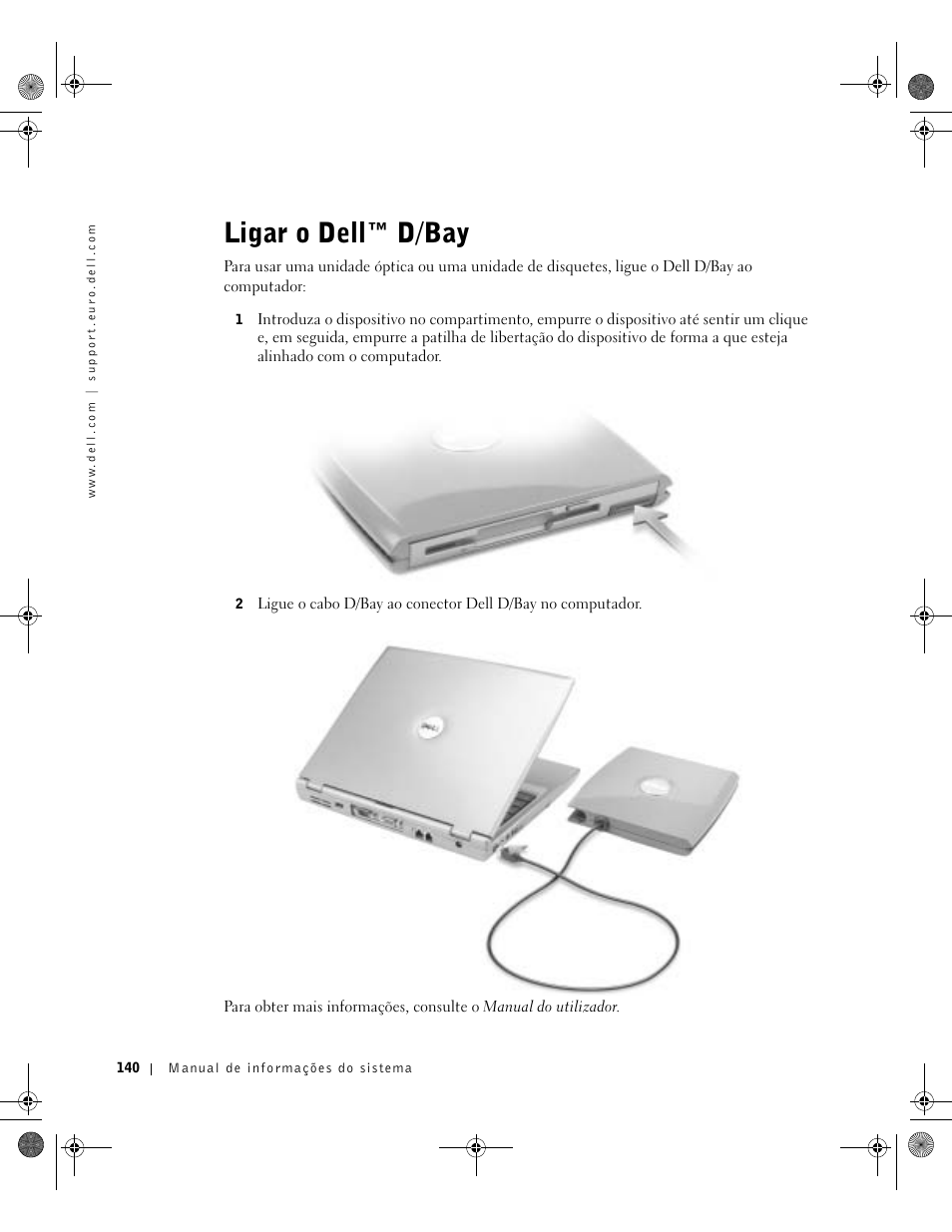 Ligar o dell™ d/bay | Dell LATITUDE D400 User Manual | Page 142 / 178