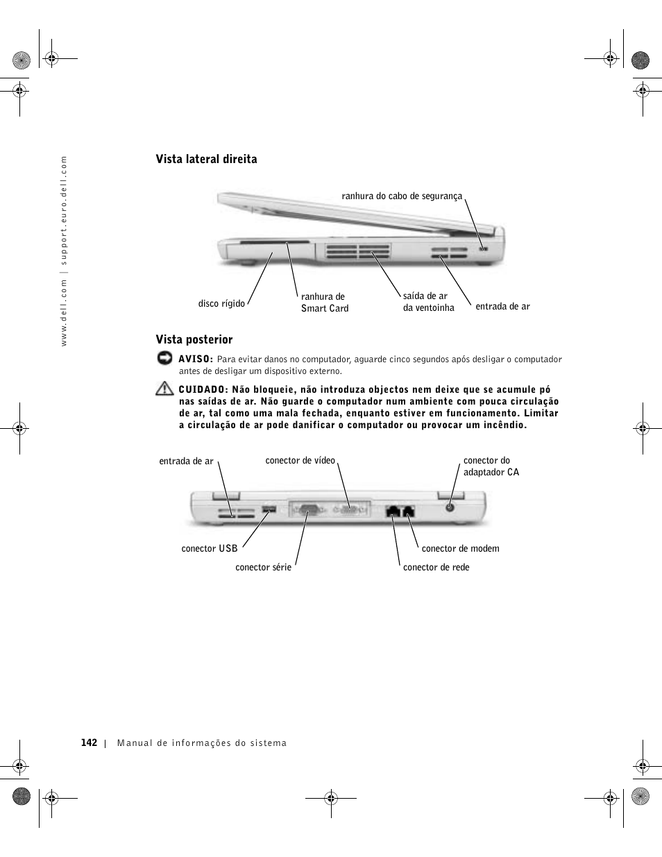 Vista lateral direita, Vista posterior | Dell LATITUDE D400 User Manual | Page 144 / 178