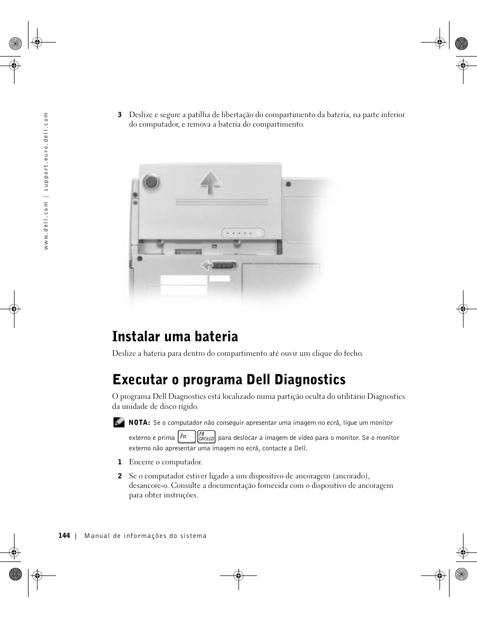 Instalar uma bateria, Executar o programa dell diagnostics | Dell LATITUDE D400 User Manual | Page 146 / 178