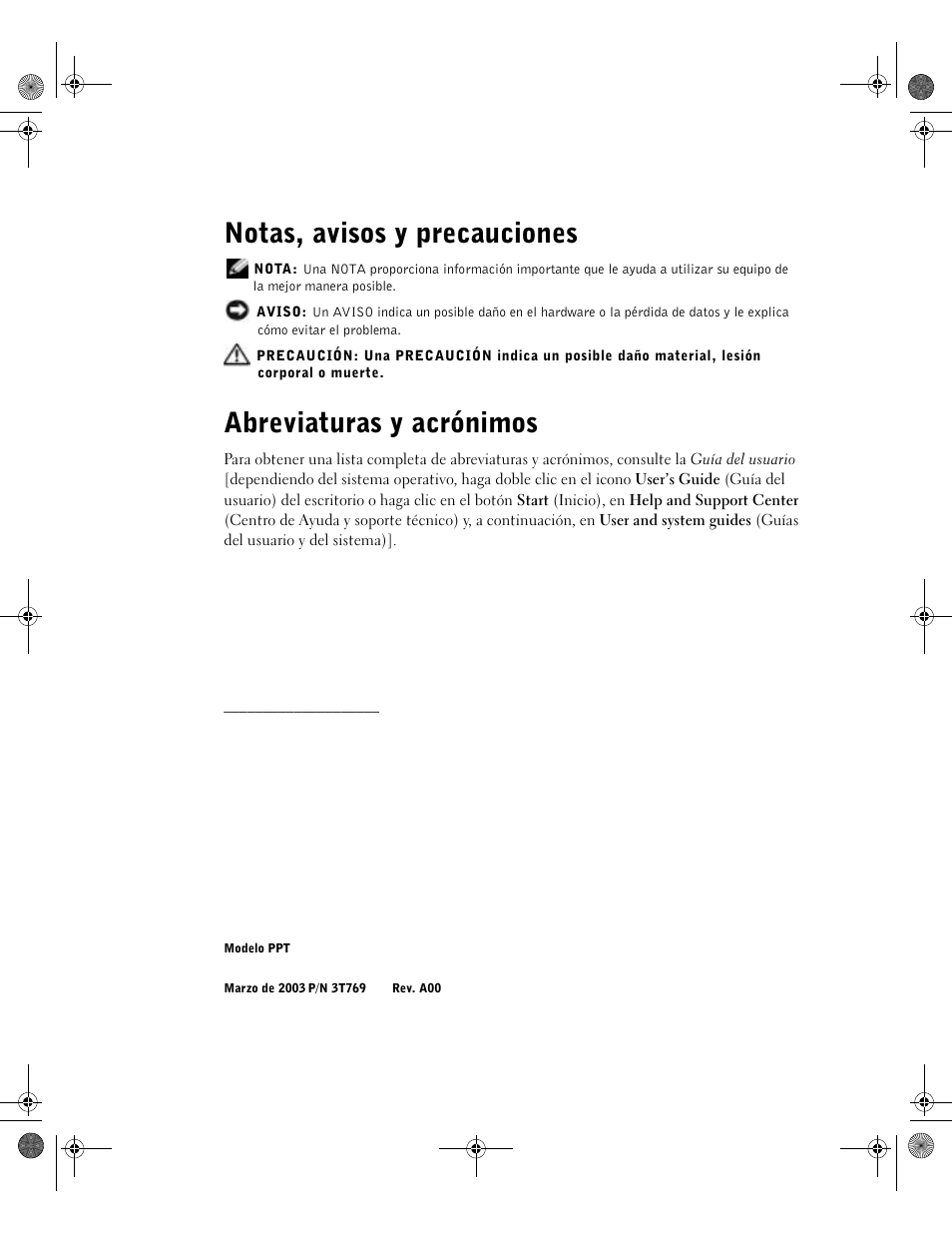 Notas, avisos y precauciones, Abreviaturas y acrónimos | Dell LATITUDE D400 User Manual | Page 152 / 178