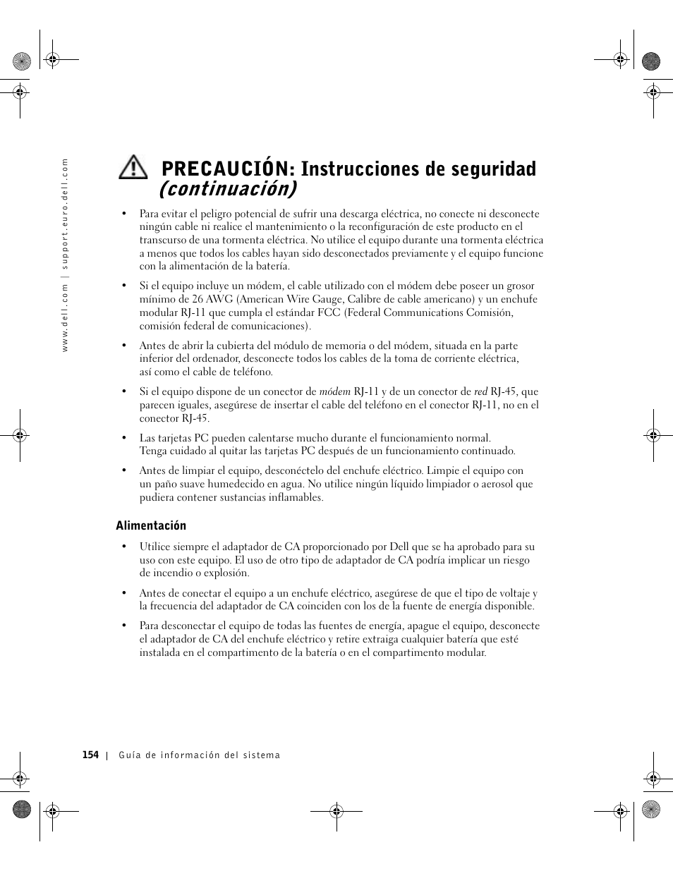 Alimentación | Dell LATITUDE D400 User Manual | Page 156 / 178