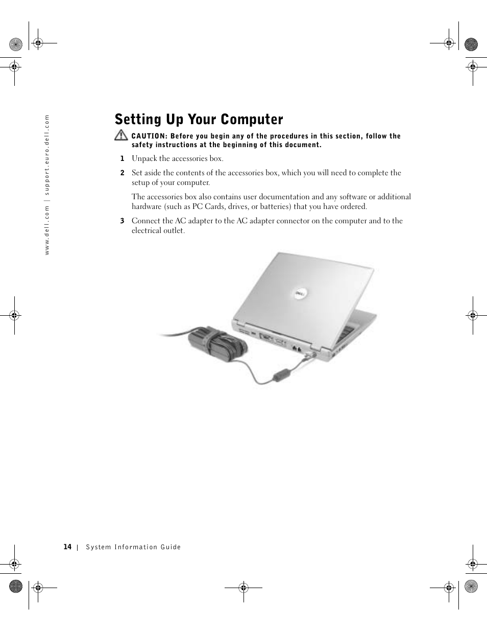 Setting up your computer | Dell LATITUDE D400 User Manual | Page 16 / 178