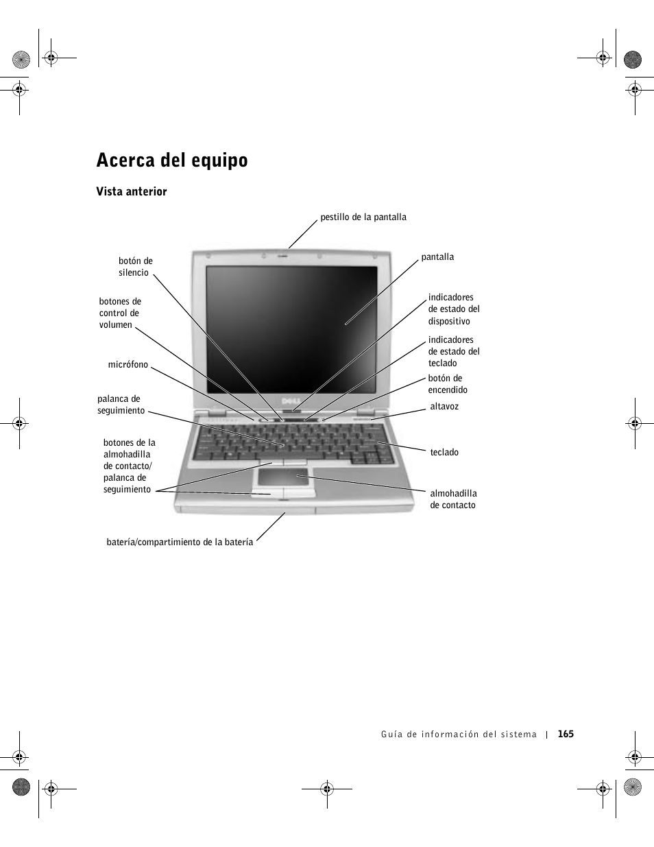Acerca del equipo, Vista anterior | Dell LATITUDE D400 User Manual | Page 167 / 178