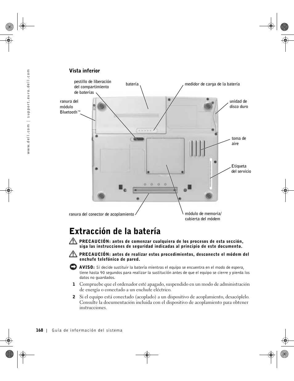 Vista inferior, Extracción de la batería | Dell LATITUDE D400 User Manual | Page 170 / 178