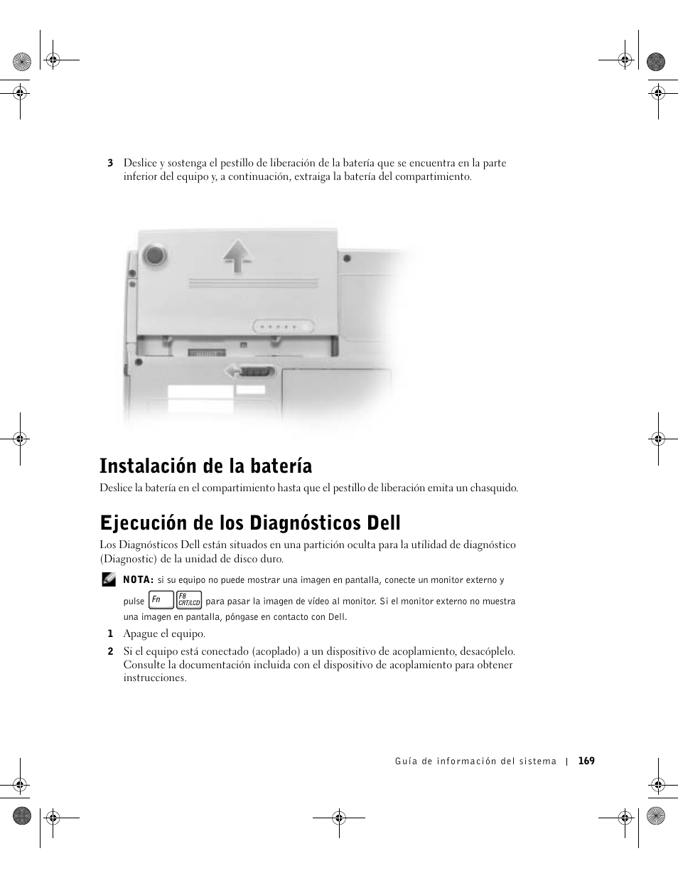 Instalación de la batería, Ejecución de los diagnósticos dell | Dell LATITUDE D400 User Manual | Page 171 / 178