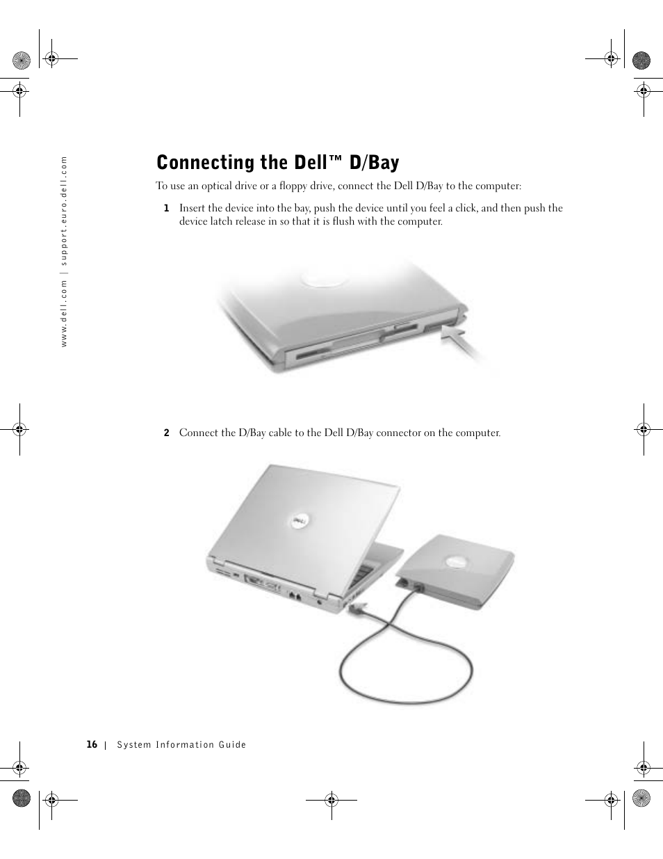 Connecting the dell™ d/bay | Dell LATITUDE D400 User Manual | Page 18 / 178