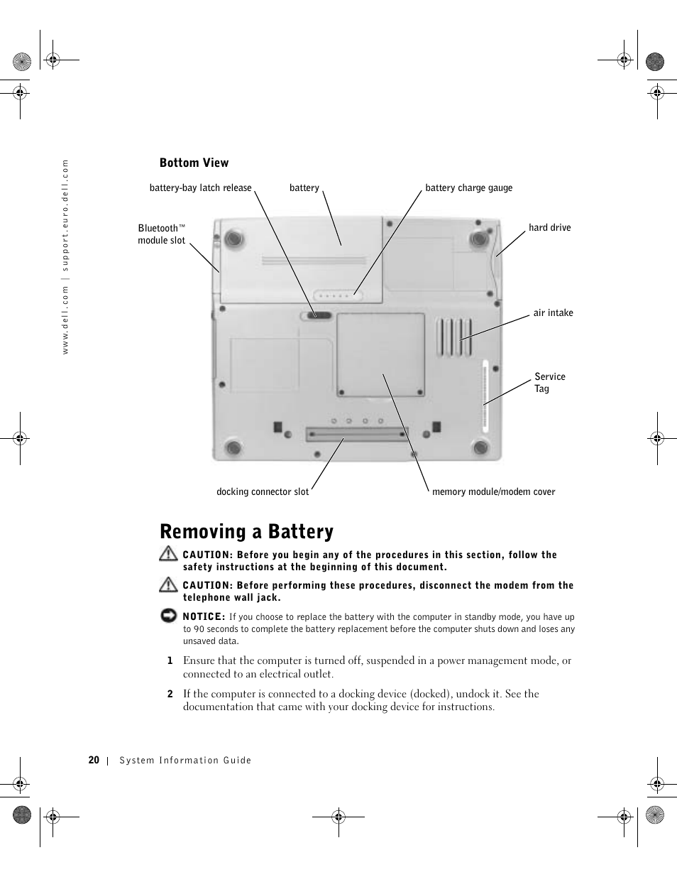 Bottom view, Removing a battery | Dell LATITUDE D400 User Manual | Page 22 / 178
