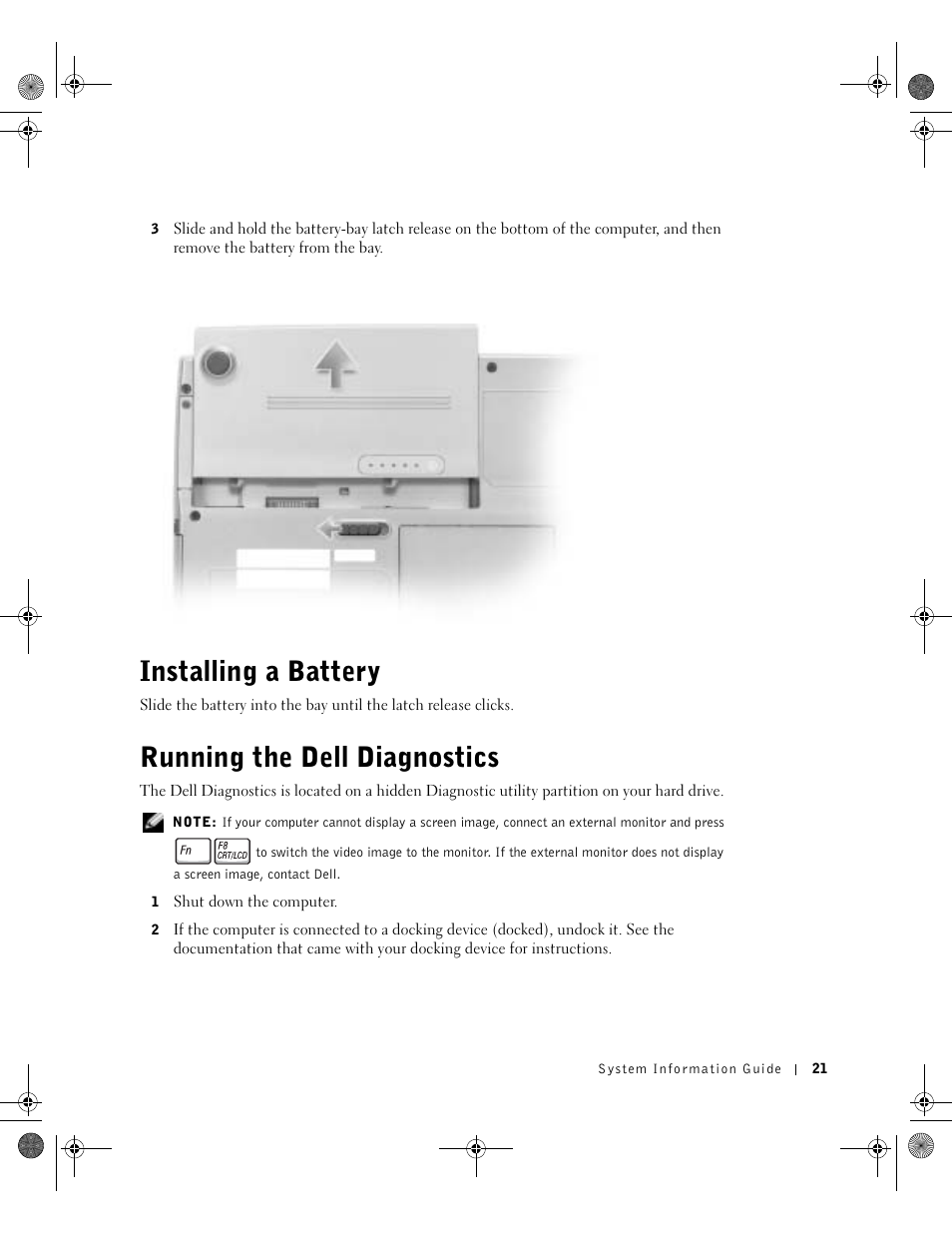 Installing a battery, Running the dell diagnostics | Dell LATITUDE D400 User Manual | Page 23 / 178