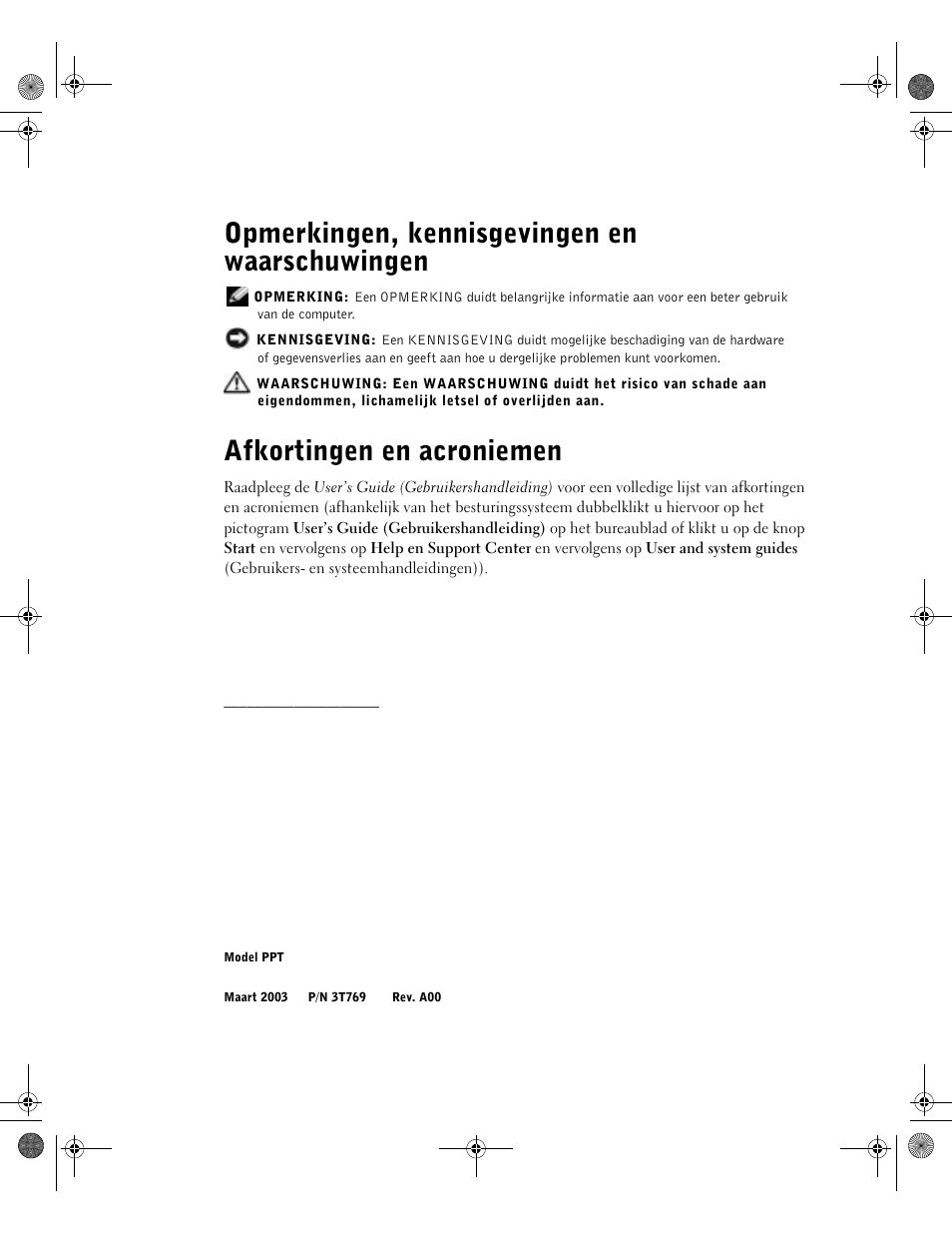 Opmerkingen, kennisgevingen en waarschuwingen, Afkortingen en acroniemen | Dell LATITUDE D400 User Manual | Page 28 / 178