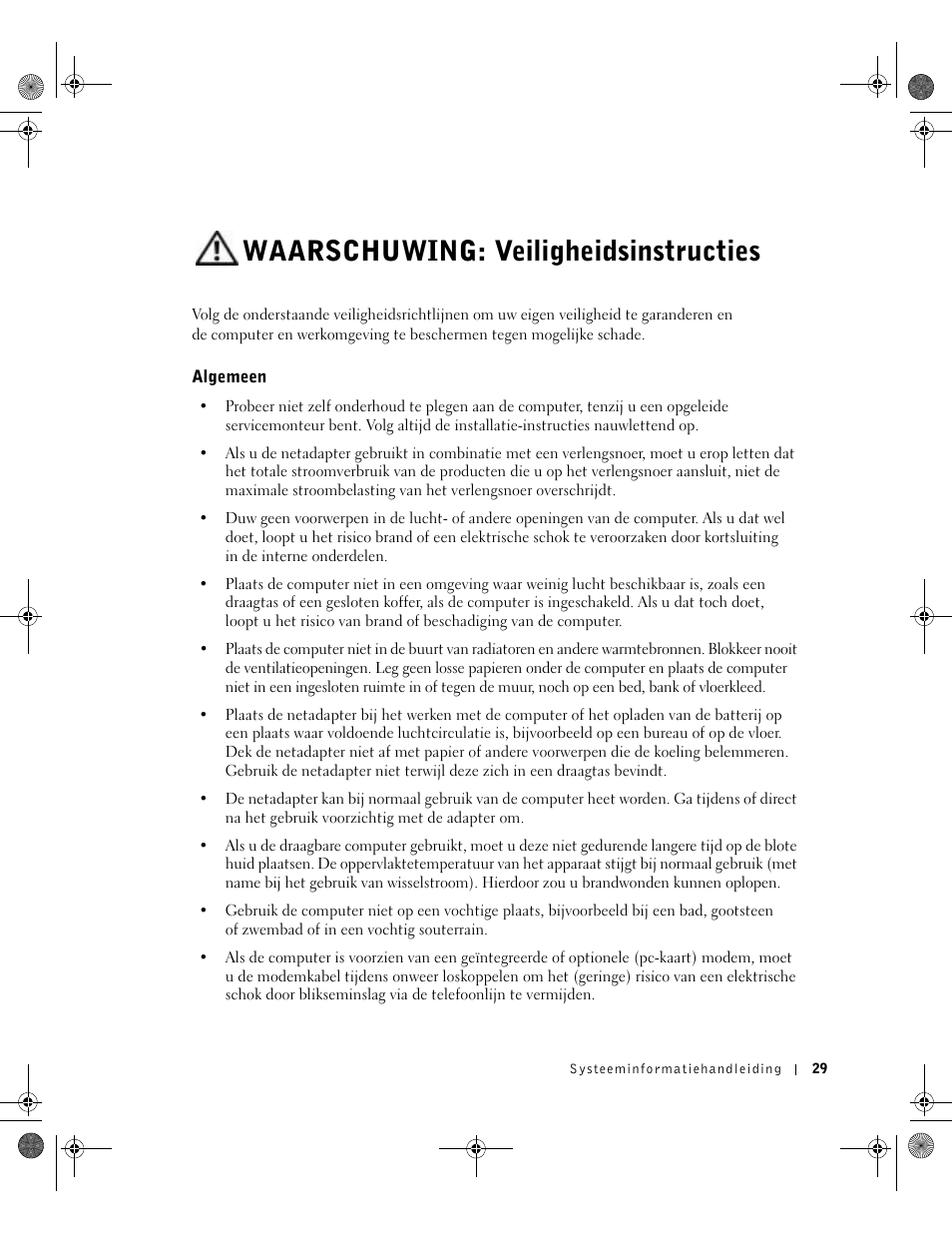 Waarschuwing: veiligheidsinstructies, Algemeen | Dell LATITUDE D400 User Manual | Page 31 / 178