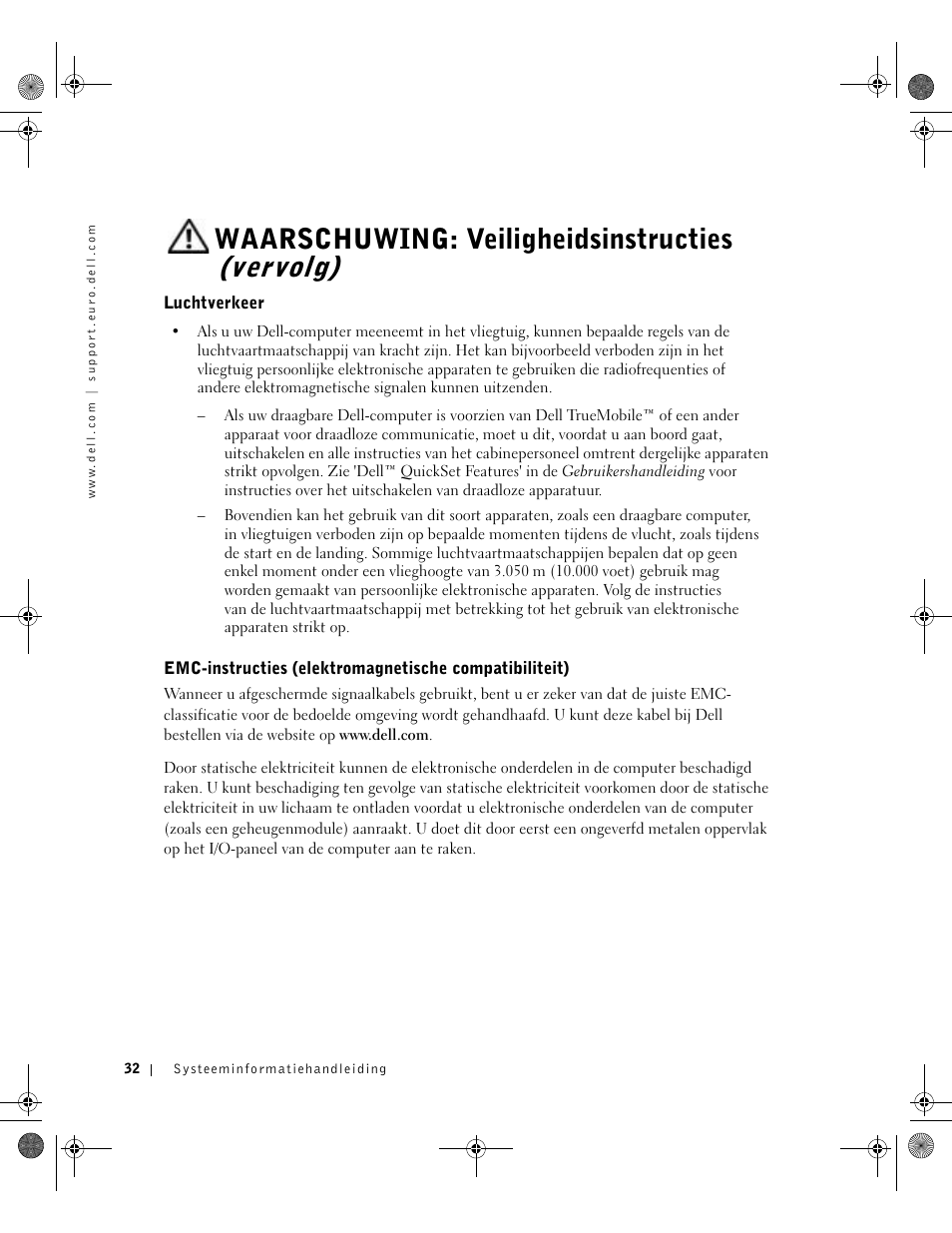 Luchtverkeer, Waarschuwing: veiligheidsinstructies (vervolg) | Dell LATITUDE D400 User Manual | Page 34 / 178