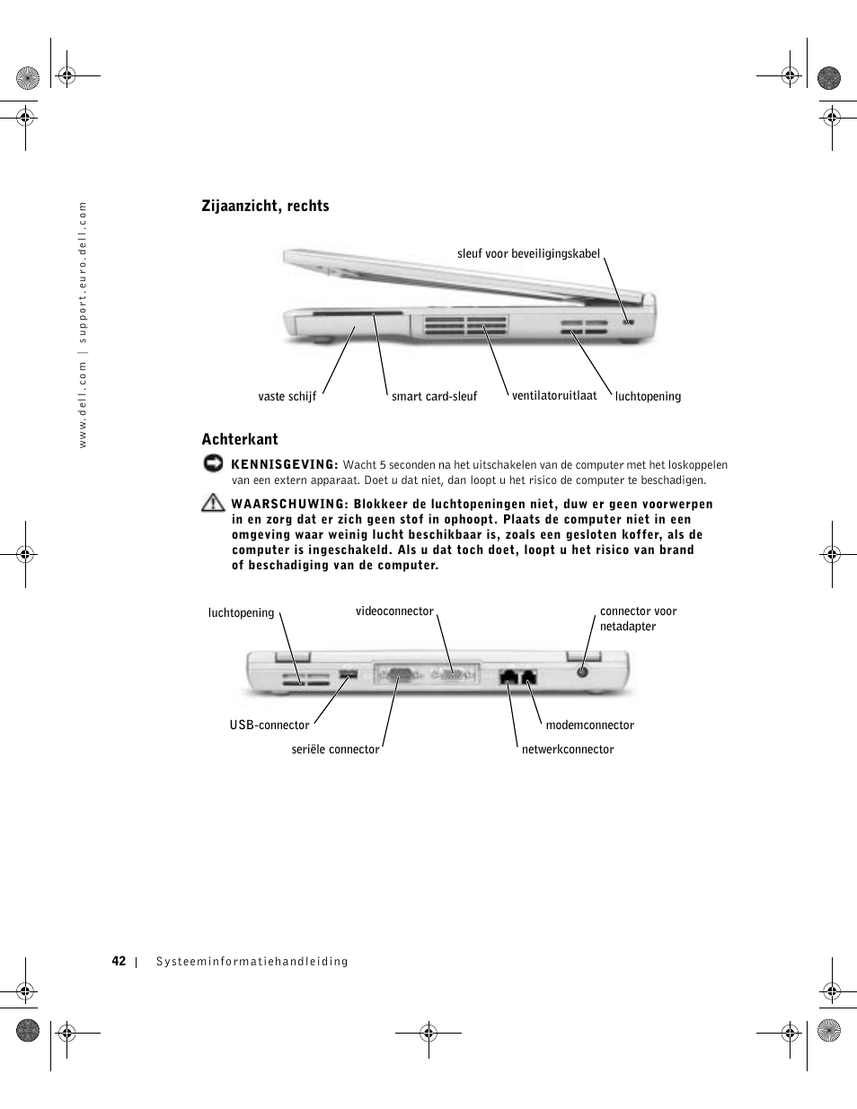Zijaanzicht, rechts, Achterkant | Dell LATITUDE D400 User Manual | Page 44 / 178