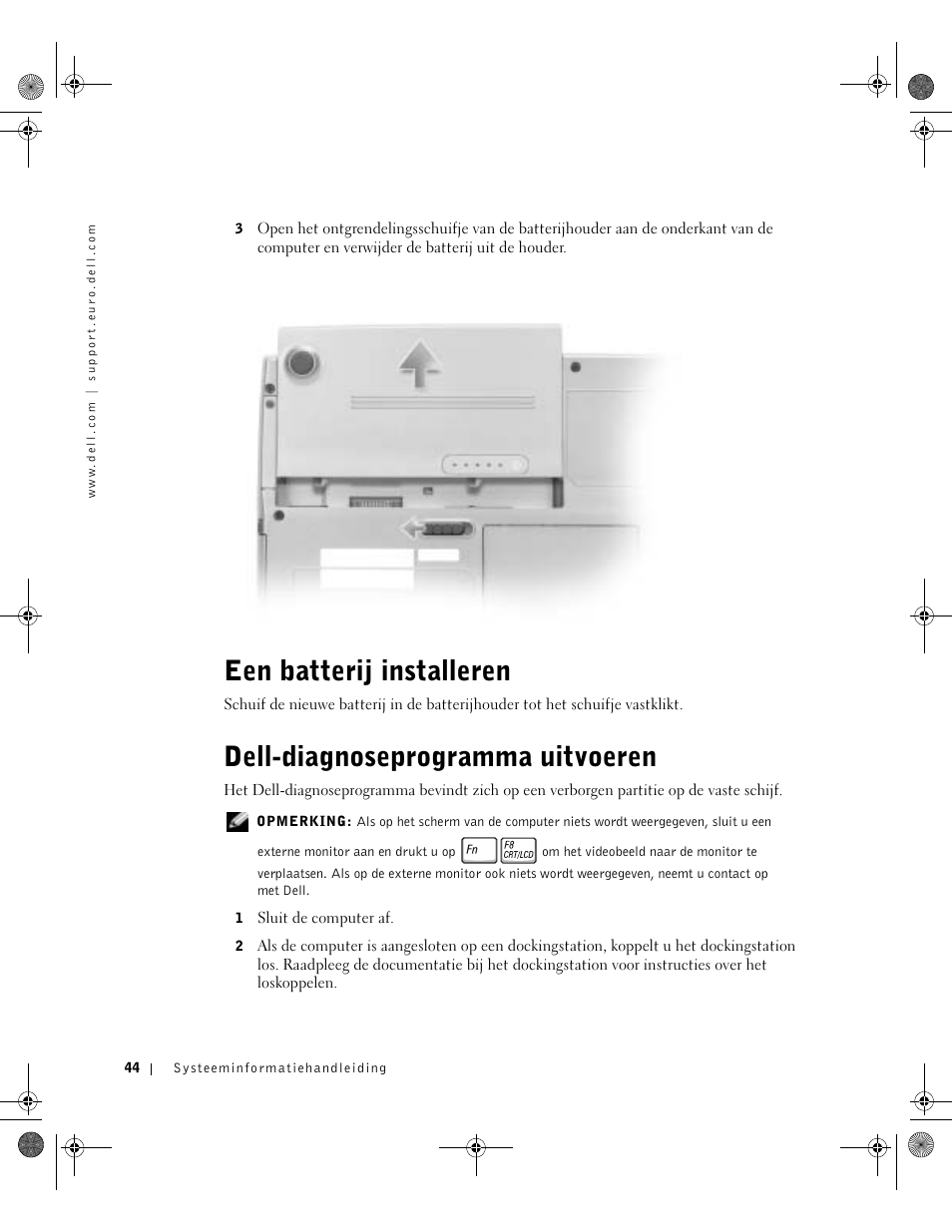 Een batterij installeren, Dell-diagnoseprogramma uitvoeren | Dell LATITUDE D400 User Manual | Page 46 / 178