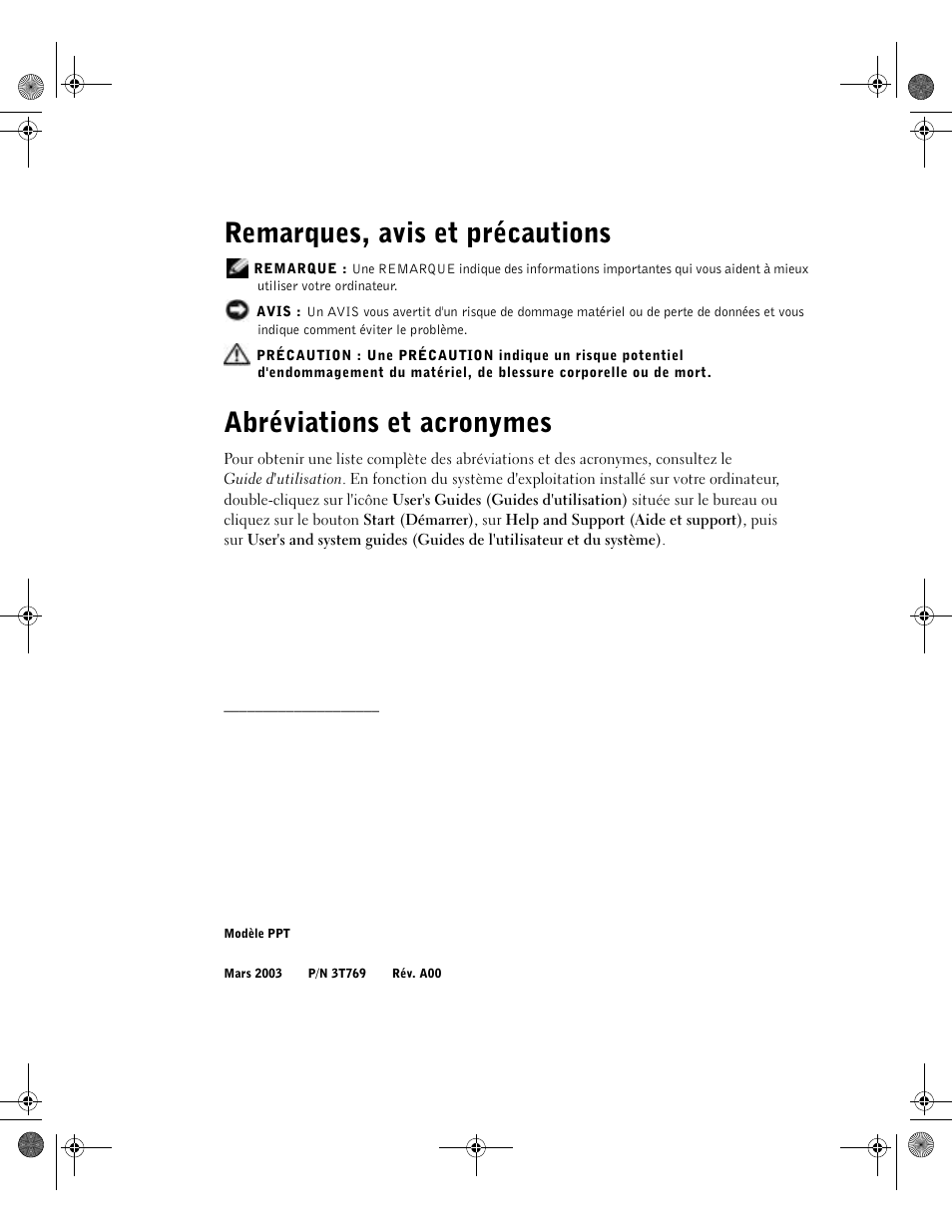 Remarques, avis et précautions, Abréviations et acronymes | Dell LATITUDE D400 User Manual | Page 52 / 178