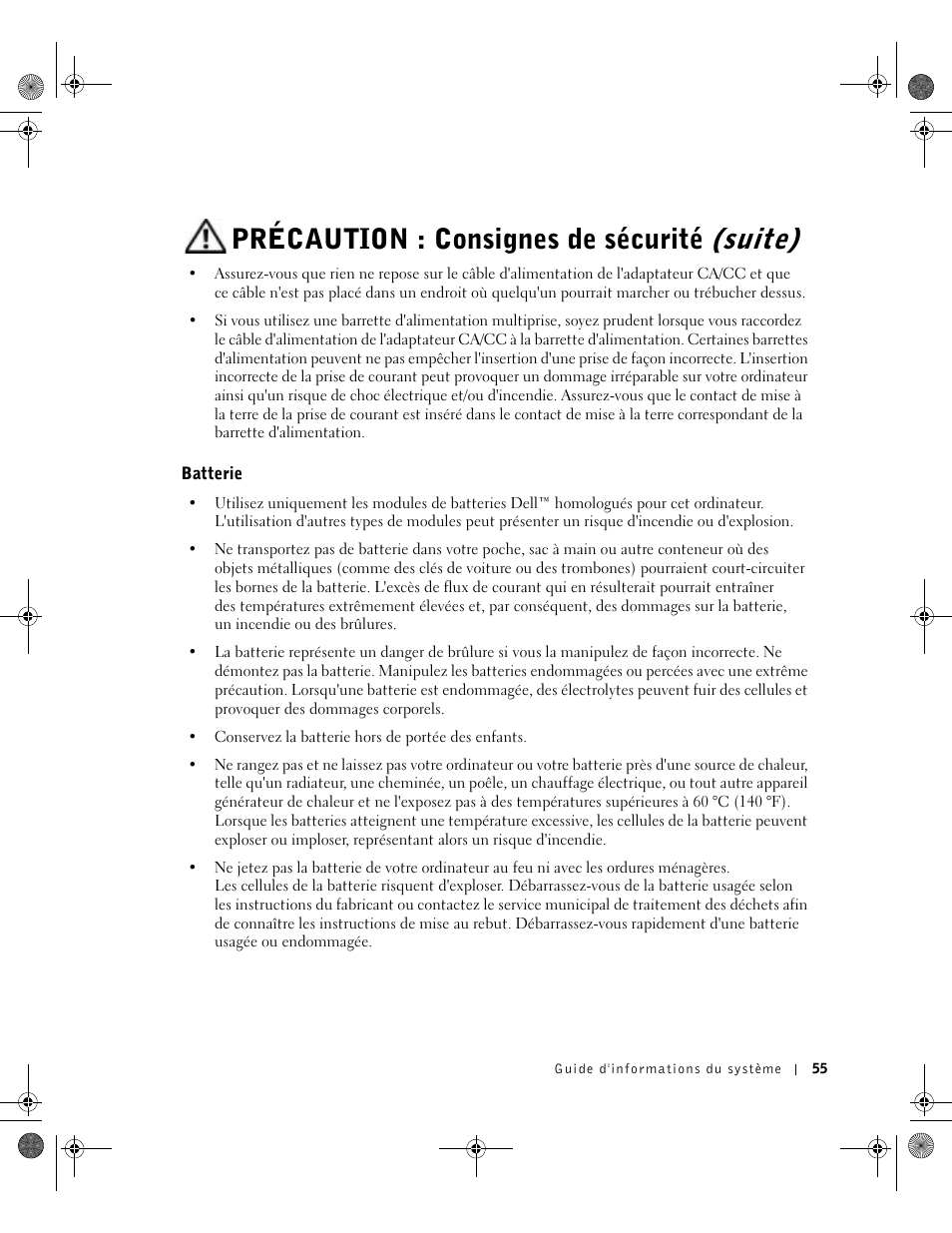 Batterie, Précaution : consignes de sécurité (suite) | Dell LATITUDE D400 User Manual | Page 57 / 178