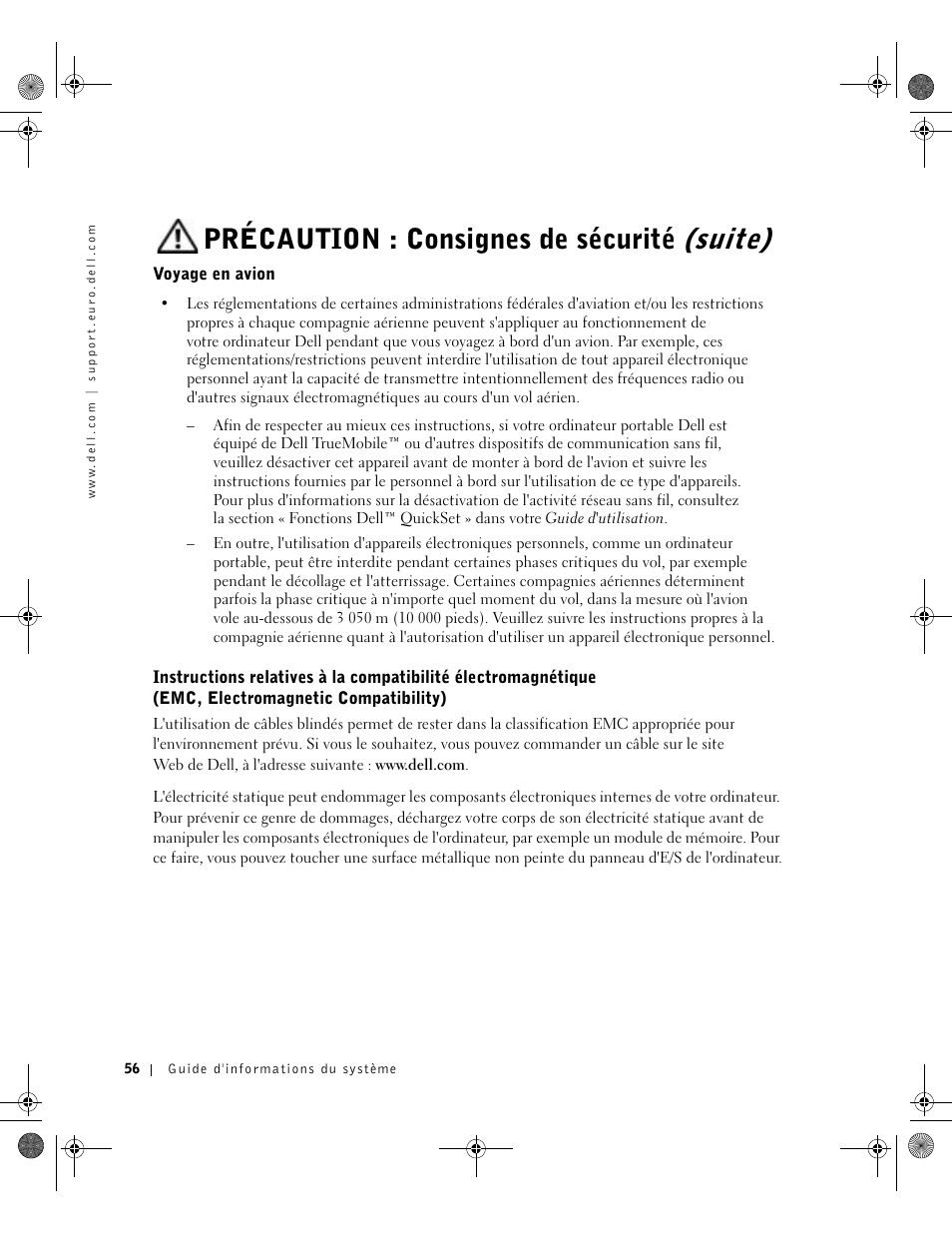 Voyage en avion, Précaution : consignes de sécurité (suite) | Dell LATITUDE D400 User Manual | Page 58 / 178