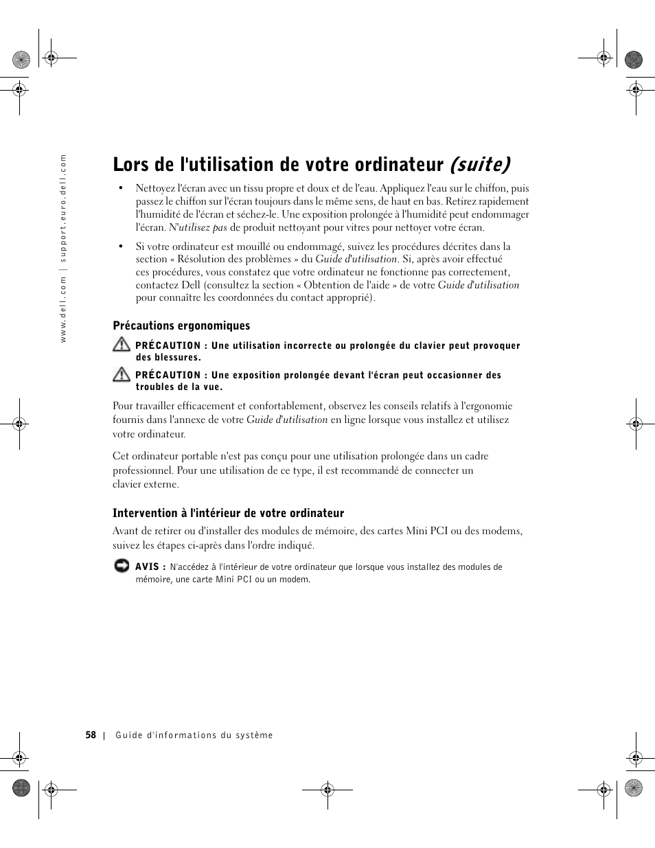 Précautions ergonomiques, Intervention à l'intérieur de votre ordinateur, Lors de l'utilisation de votre ordinateur (suite) | Dell LATITUDE D400 User Manual | Page 60 / 178