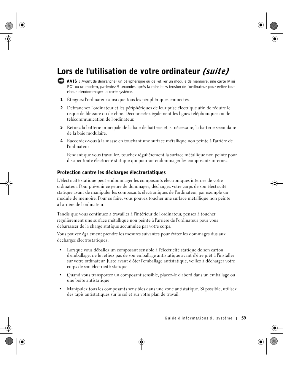 Protection contre les décharges électrostatiques, Lors de l'utilisation de votre ordinateur (suite) | Dell LATITUDE D400 User Manual | Page 61 / 178