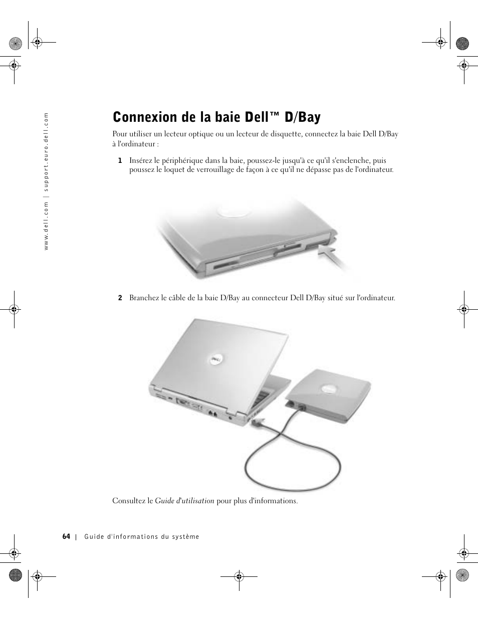 Connexion de la baie dell™ d/bay | Dell LATITUDE D400 User Manual | Page 66 / 178
