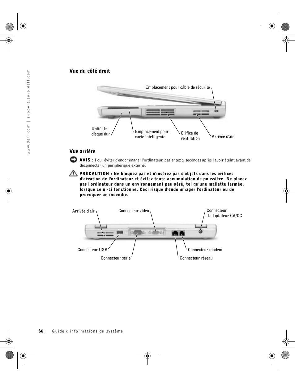 Vue du côté droit, Vue arrière | Dell LATITUDE D400 User Manual | Page 68 / 178