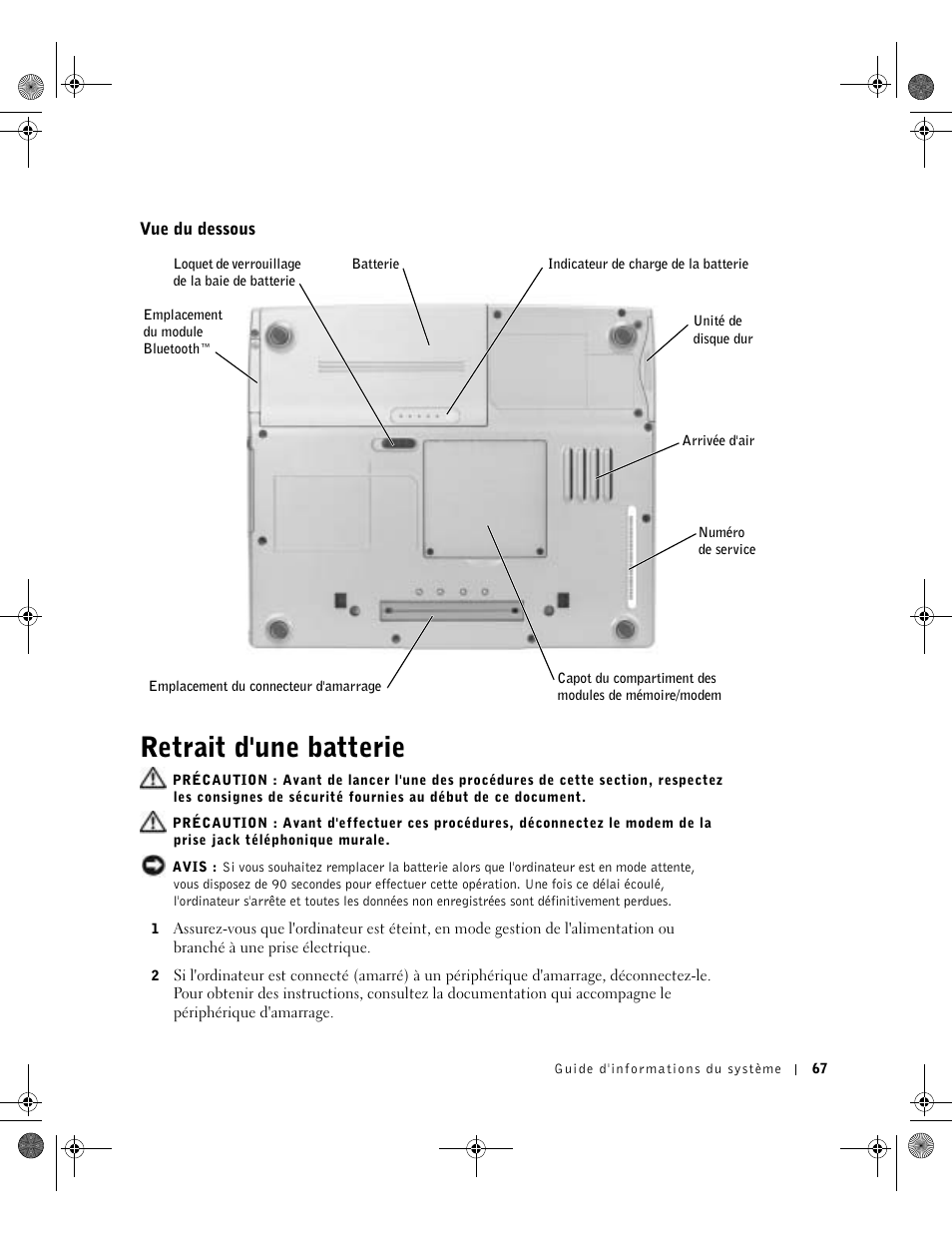 Vue du dessous, Retrait d'une batterie | Dell LATITUDE D400 User Manual | Page 69 / 178