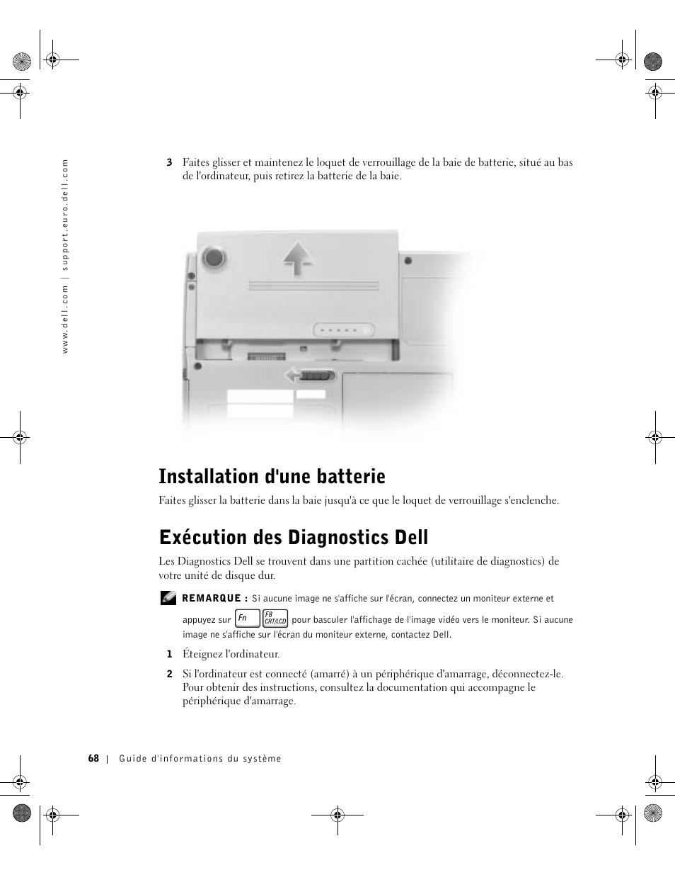 Installation d'une batterie, Exécution des diagnostics dell | Dell LATITUDE D400 User Manual | Page 70 / 178