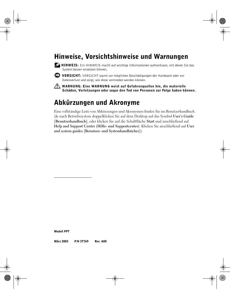 Hinweise, vorsichtshinweise und warnungen, Abkürzungen und akronyme | Dell LATITUDE D400 User Manual | Page 76 / 178