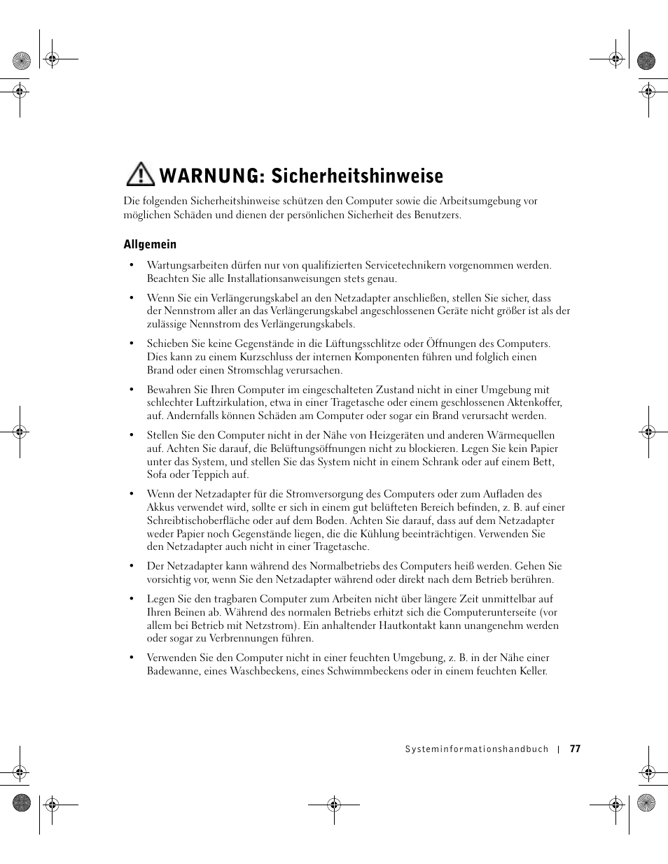 Warnung: sicherheitshinweise, Allgemein | Dell LATITUDE D400 User Manual | Page 79 / 178