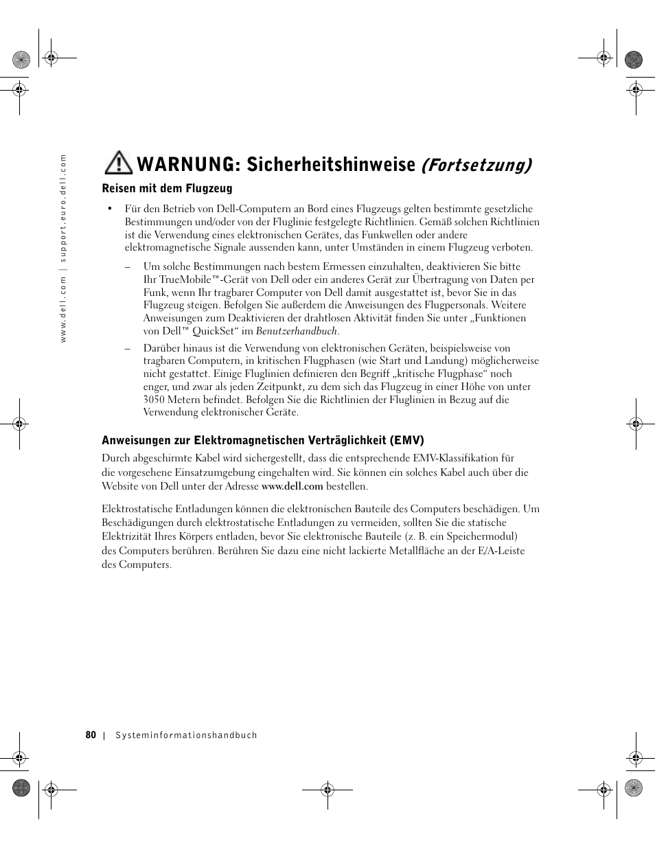 Reisen mit dem flugzeug, Warnung: sicherheitshinweise, Fortsetzung) | Dell LATITUDE D400 User Manual | Page 82 / 178