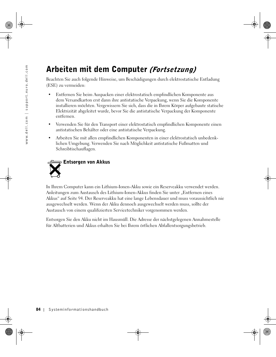 Entsorgen von akkus, Arbeiten mit dem computer, Fortsetzung) | Dell LATITUDE D400 User Manual | Page 86 / 178