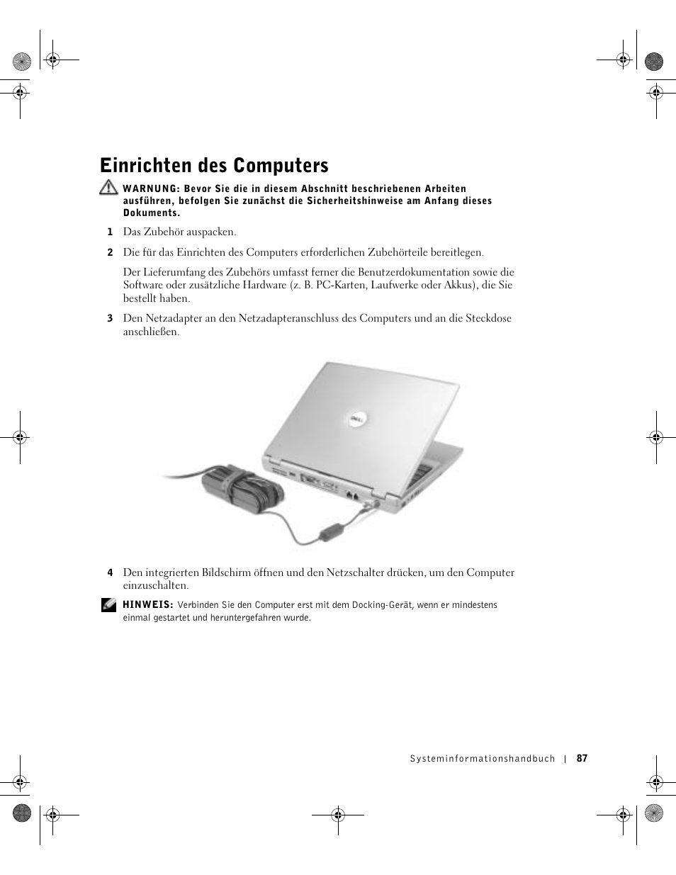 Einrichten des computers | Dell LATITUDE D400 User Manual | Page 89 / 178