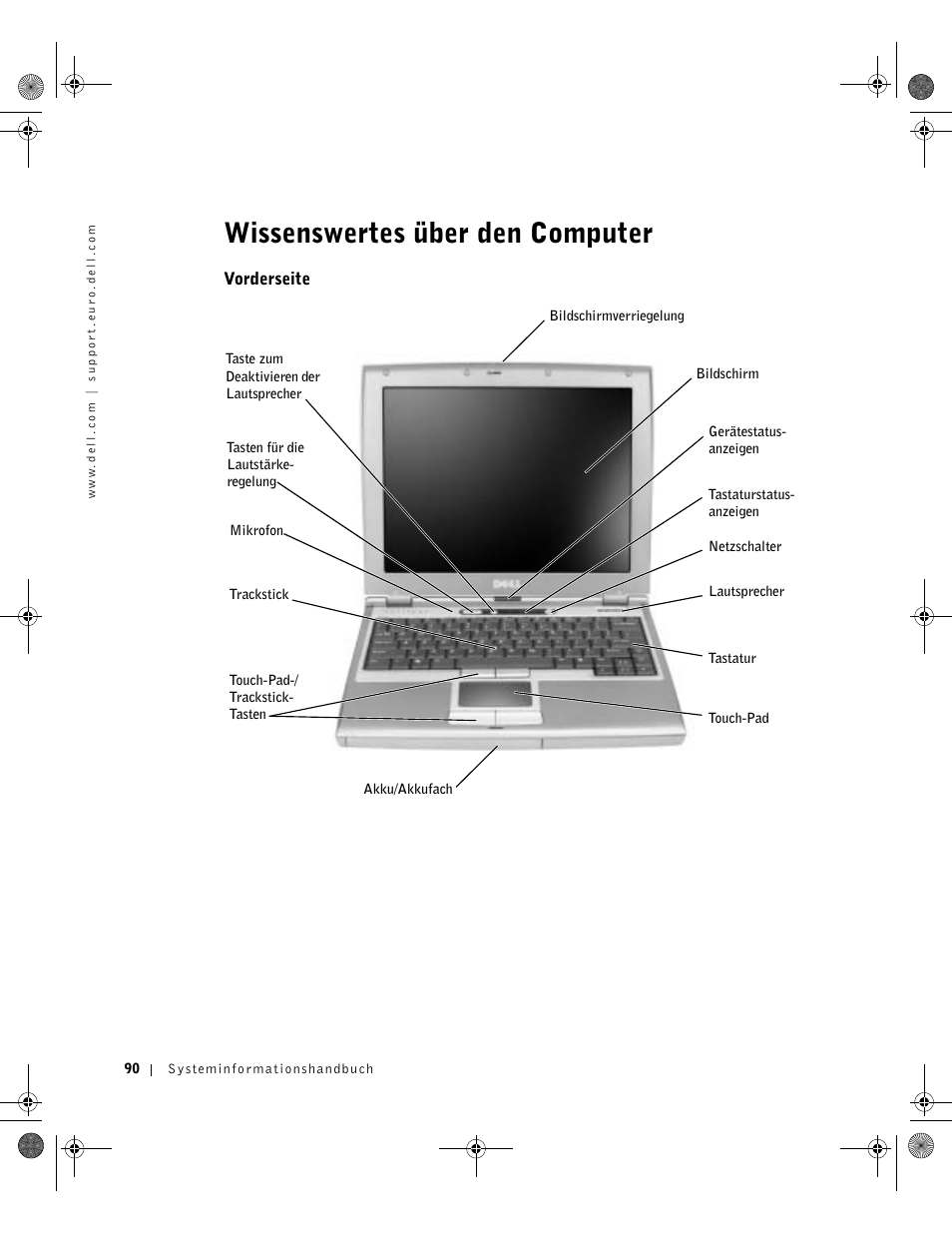 Wissenswertes über den computer, Vorderseite | Dell LATITUDE D400 User Manual | Page 92 / 178