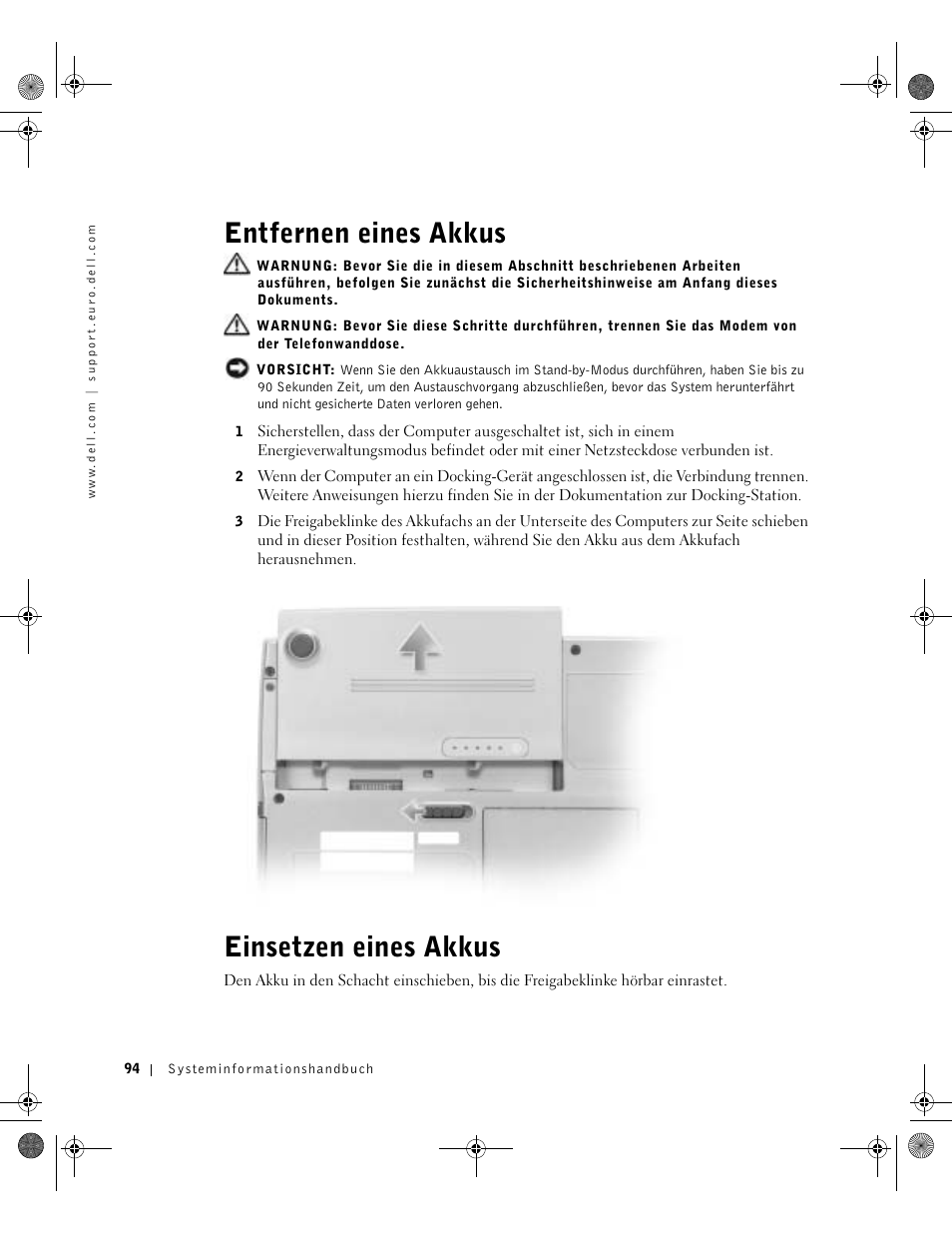 Entfernen eines akkus, Einsetzen eines akkus | Dell LATITUDE D400 User Manual | Page 96 / 178