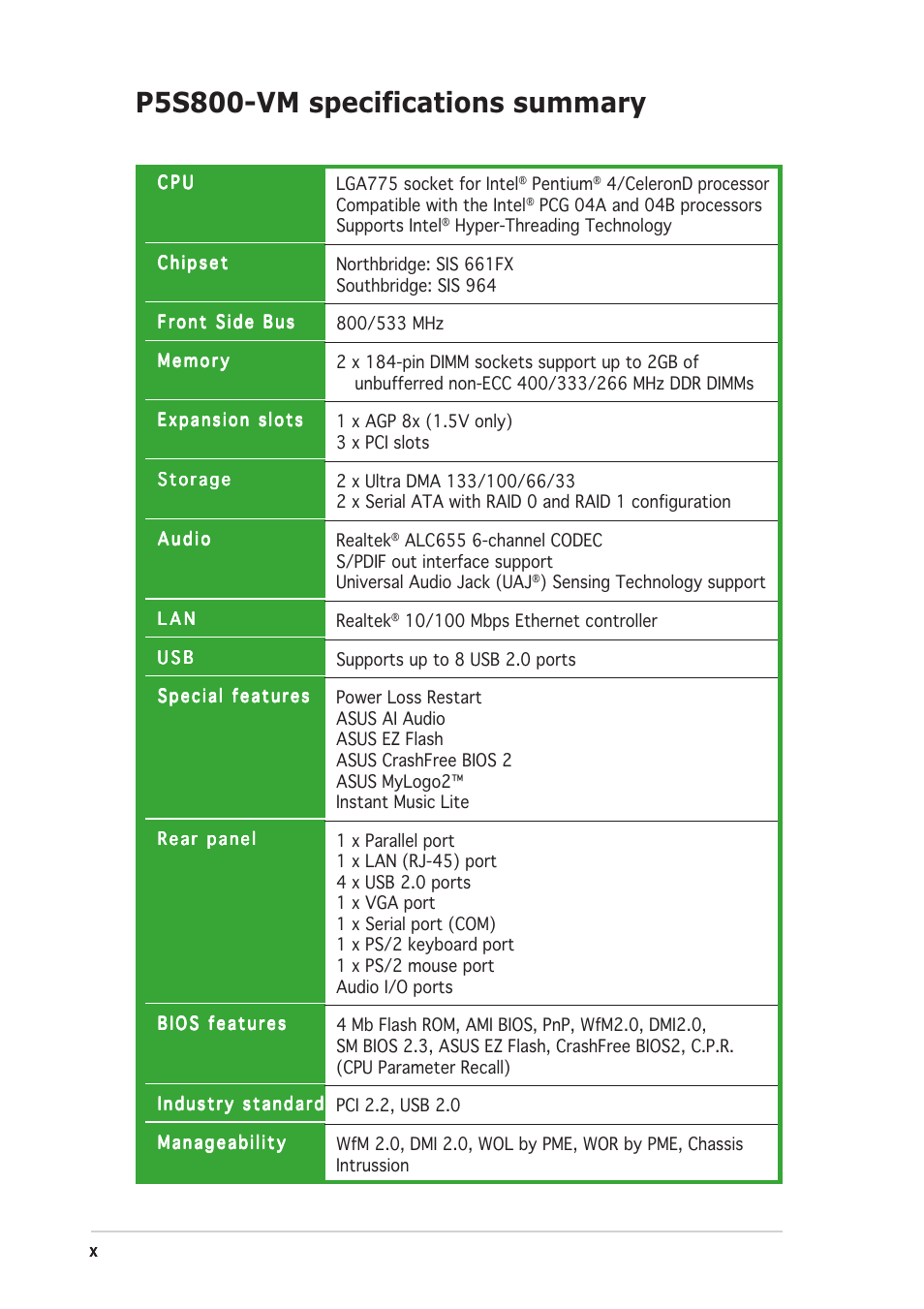 P5s800-vm specifications summary | Asus P5S800-VM User Manual | Page 10 / 86