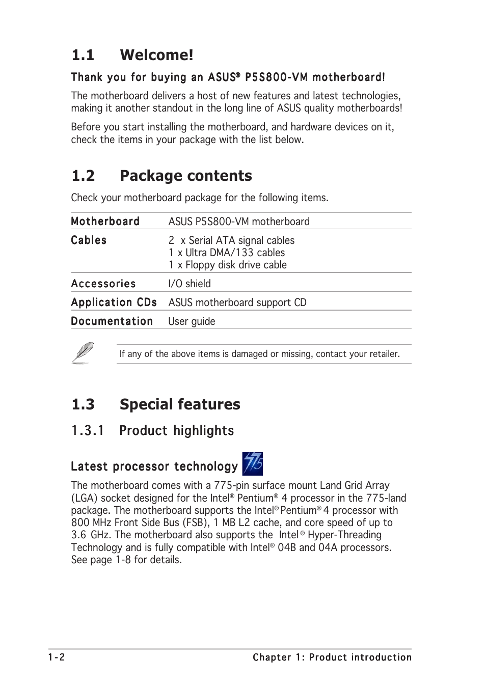 1 welcome, 2 package contents, 3 special features | Asus P5S800-VM User Manual | Page 14 / 86