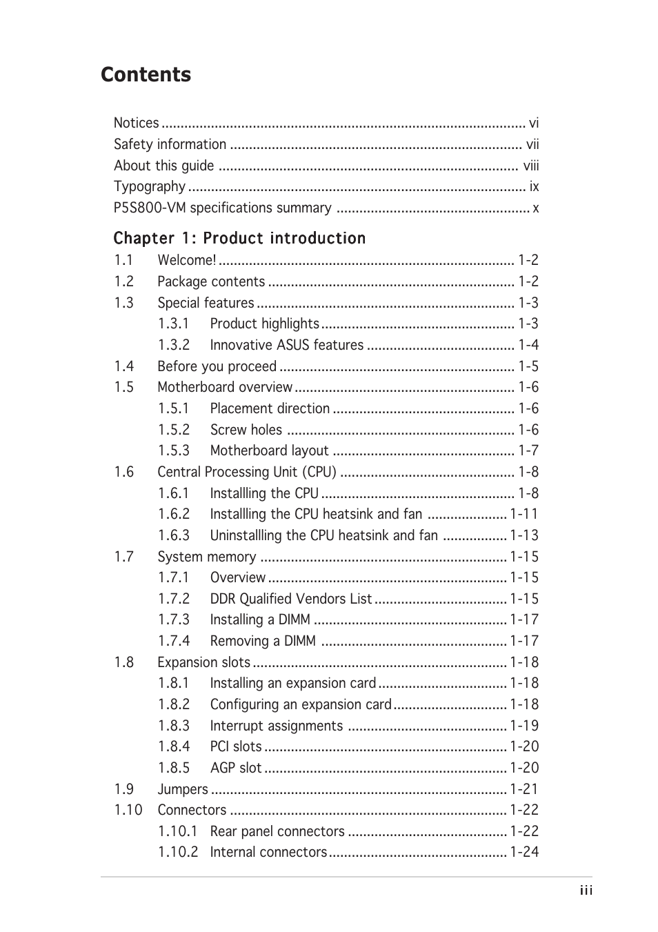 Asus P5S800-VM User Manual | Page 3 / 86