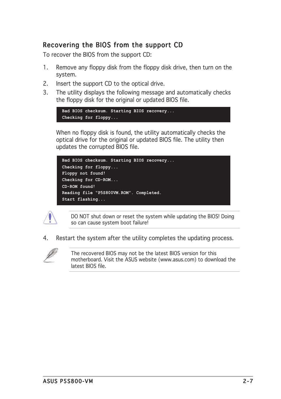 Recovering the bios from the support cd | Asus P5S800-VM User Manual | Page 51 / 86