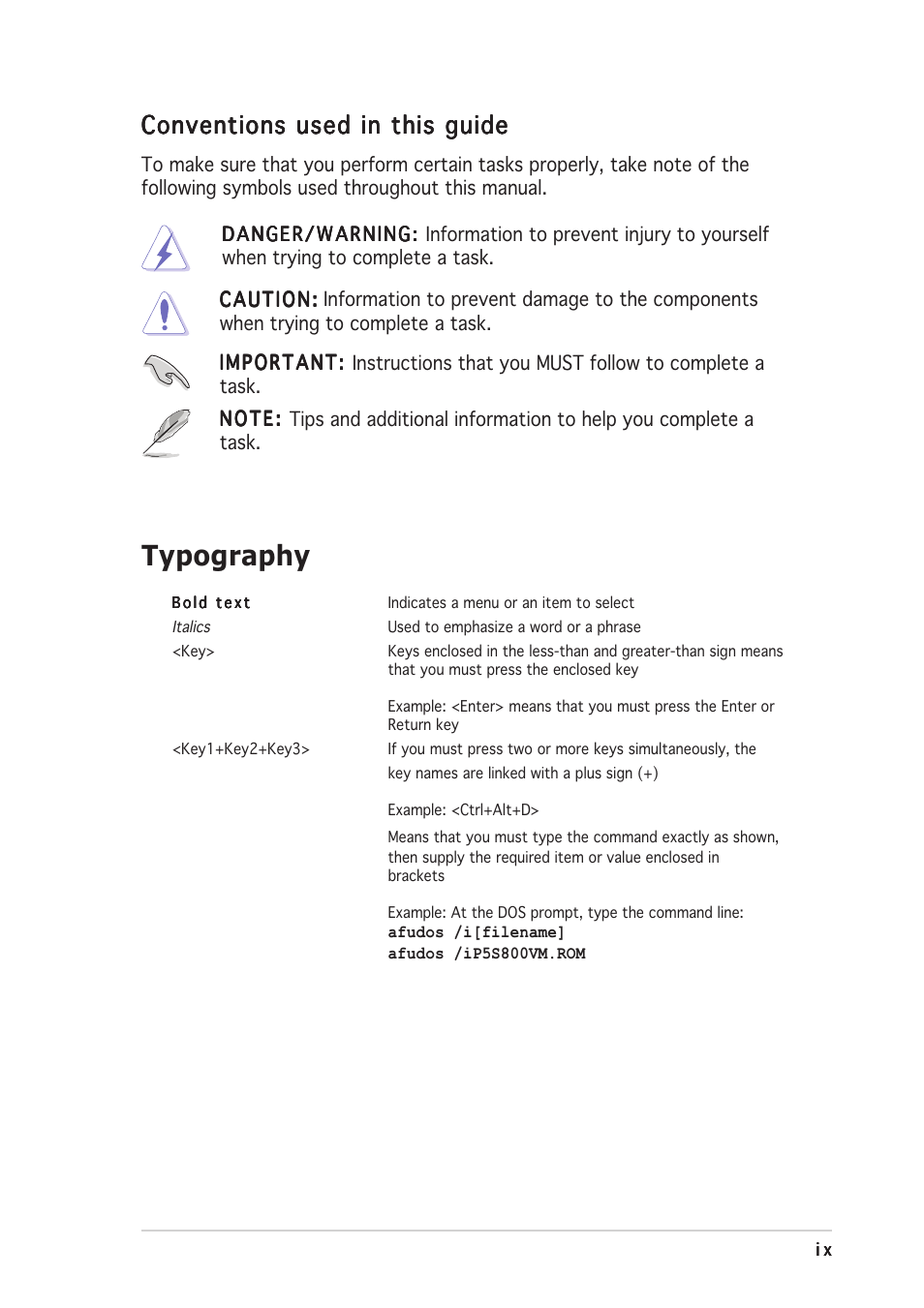 Typography, Conventions used in this guide | Asus P5S800-VM User Manual | Page 9 / 86