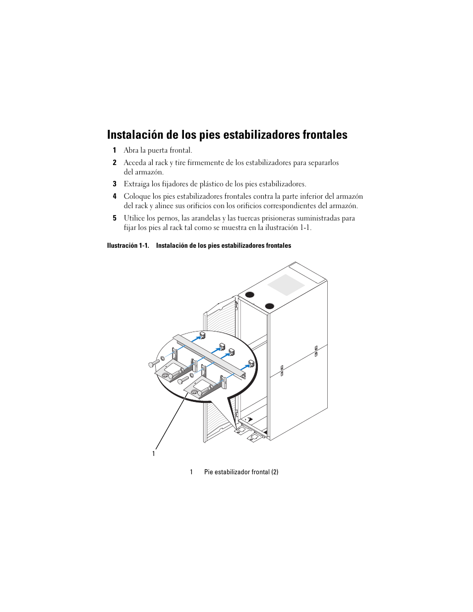 Instalación de los pies estabilizadores frontales | Dell PowerEdge Rack Enclosure 2410 User Manual | Page 18 / 20