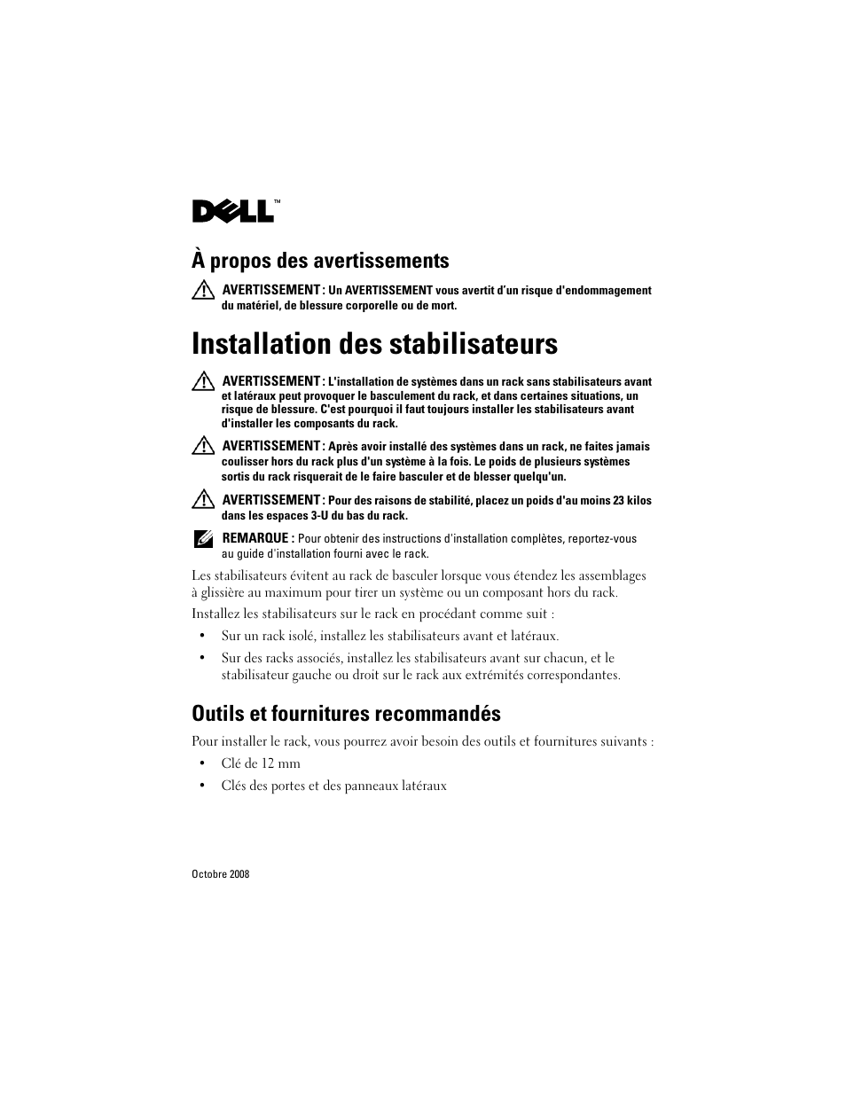 Installation des stabilisateurs, Outils et fournitures recommandés, À propos des avertissements | Dell PowerEdge Rack Enclosure 2410 User Manual | Page 5 / 20