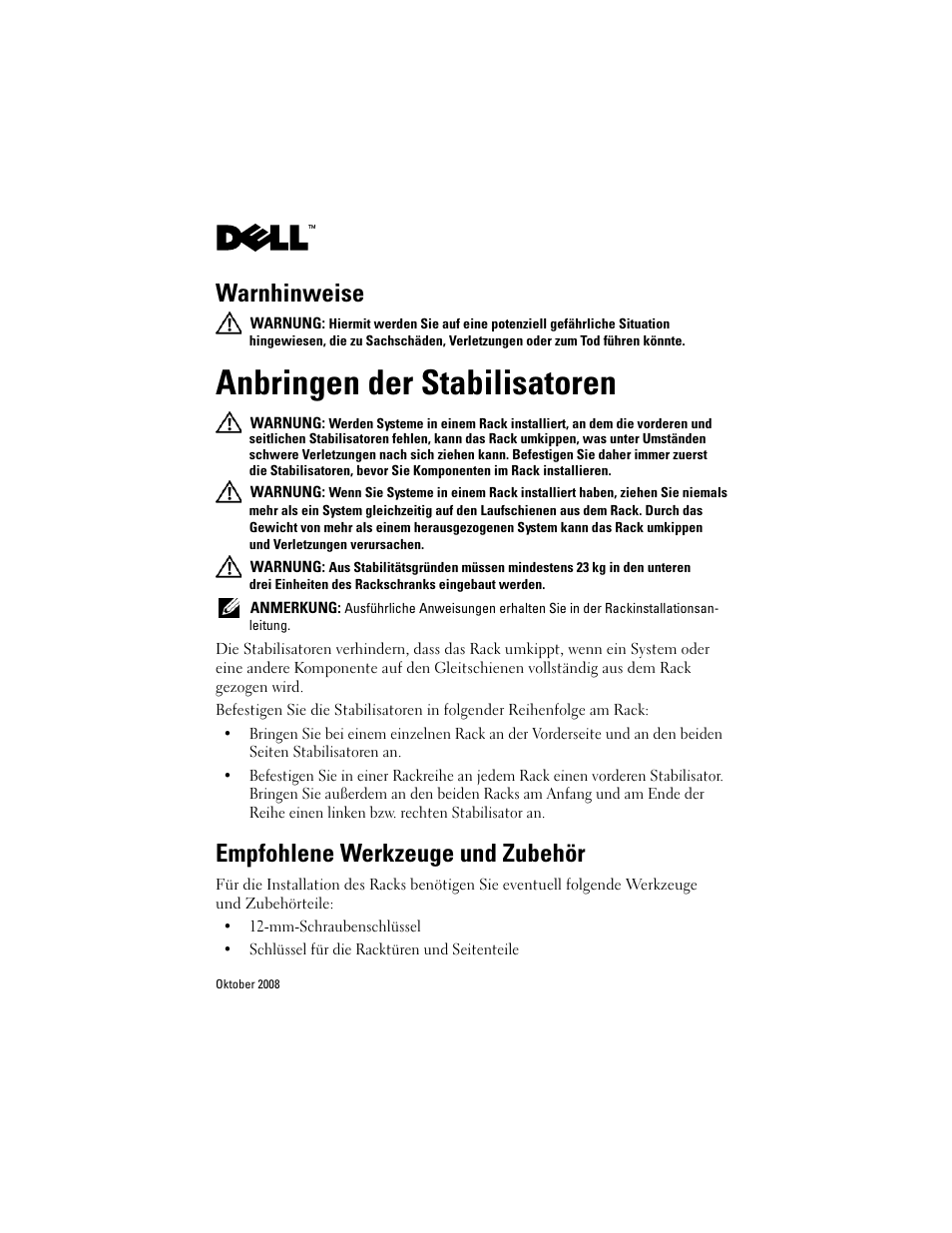 Anbringen der stabilisatoren, Empfohlene werkzeuge und zubehör, Warnhinweise | Dell PowerEdge Rack Enclosure 2410 User Manual | Page 9 / 20