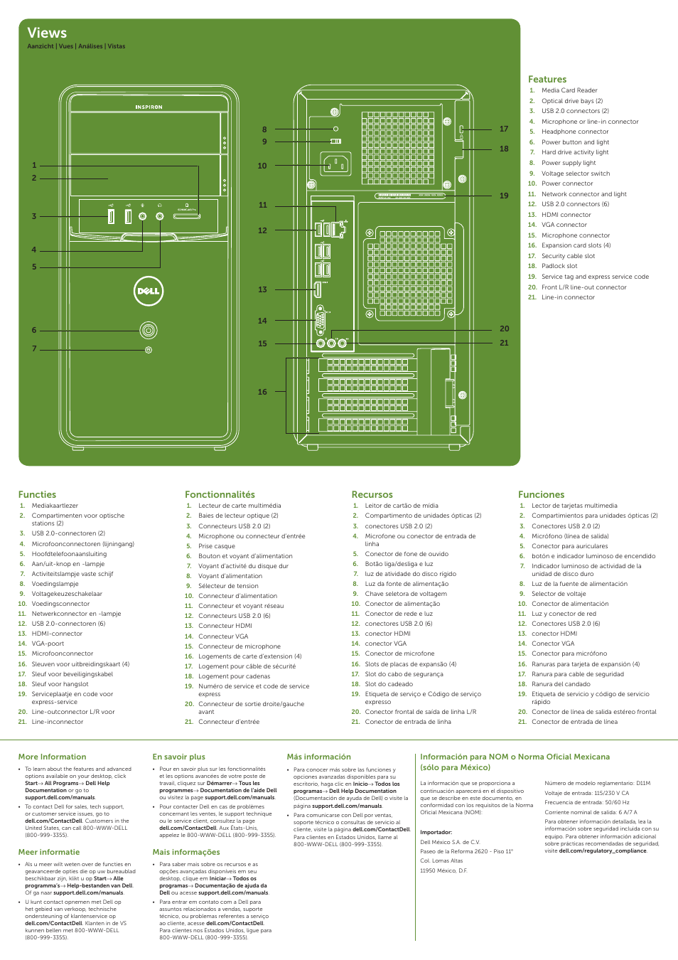 Views, Features, Functies | Recursos, Fonctionnalités, Funciones | Dell Inspiron 620 (Mid 2011) User Manual | Page 2 / 2