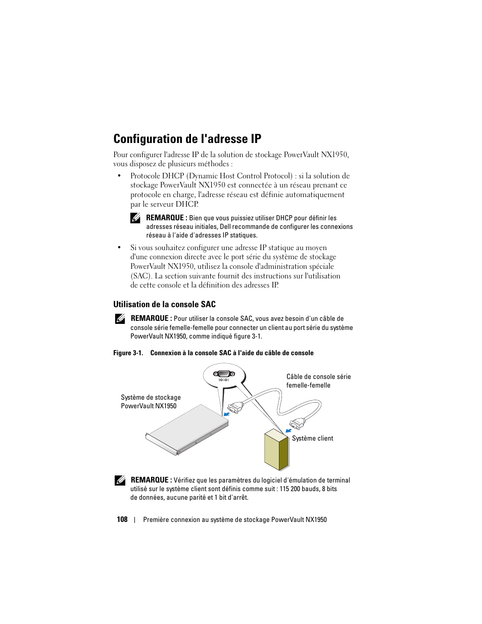 Configuration de l'adresse ip, Utilisation de la console sac | Dell PowerVault NX1950 User Manual | Page 110 / 258
