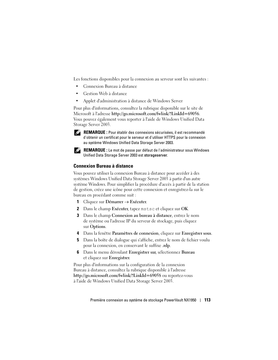 Connexion bureau à distance | Dell PowerVault NX1950 User Manual | Page 115 / 258
